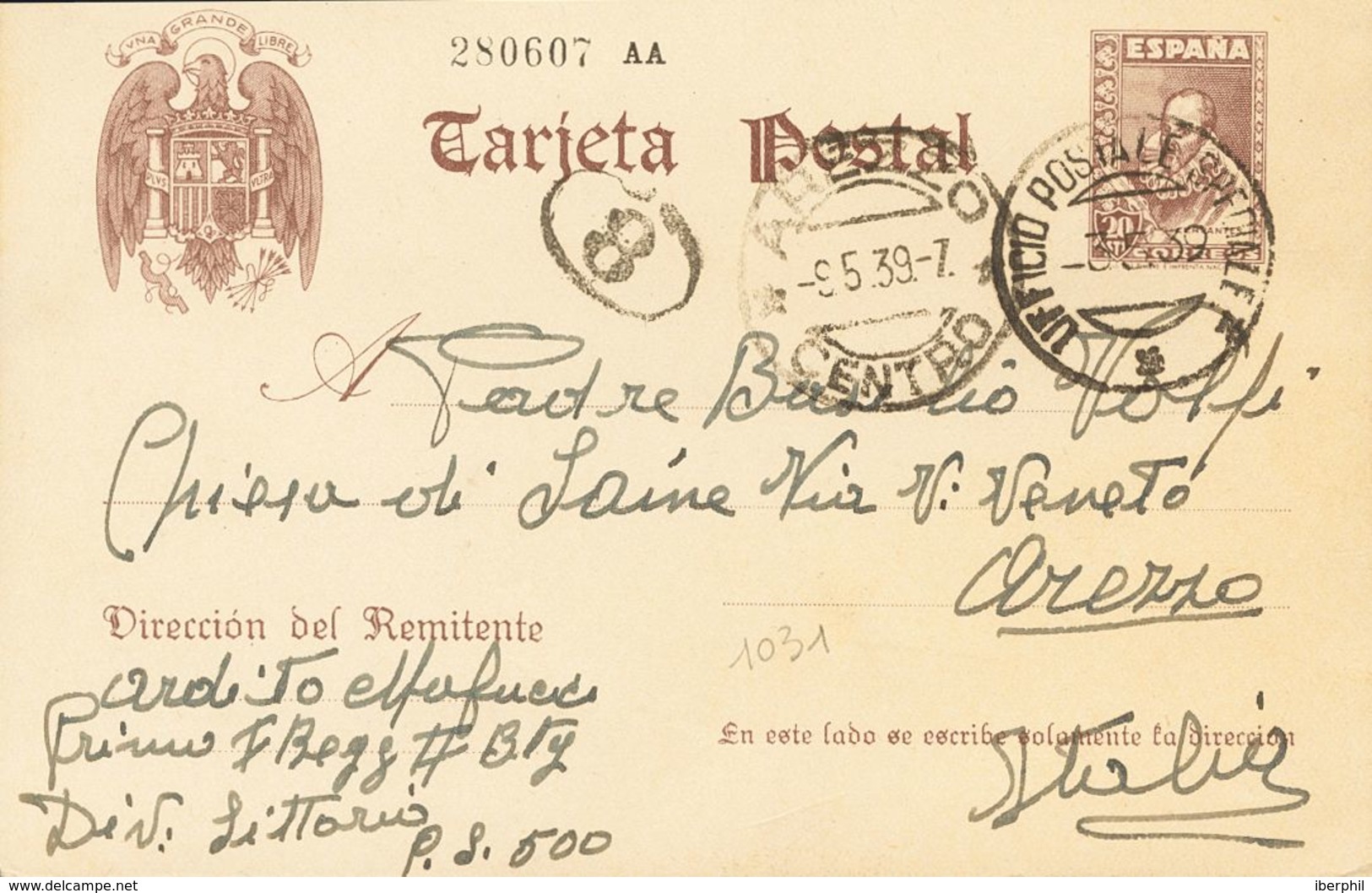 Sobre EP83. 1939. 20 Cts Castaño Sobre Tarjeta Entero Postal Dirigida A AREZZO (ITALIA). Matasello UFFICIO POSTALE SPECI - Autres & Non Classés