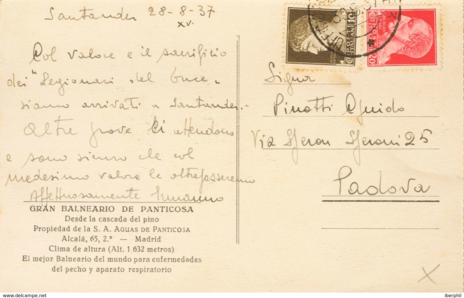 Sobre . 1937. 10 Cts Castaño Y 20 Cts Rojo De Italia. Tarjeta Postal De SANTANDER A PADOVA (ITALIA). Matasello UFFICIO P - Autres & Non Classés