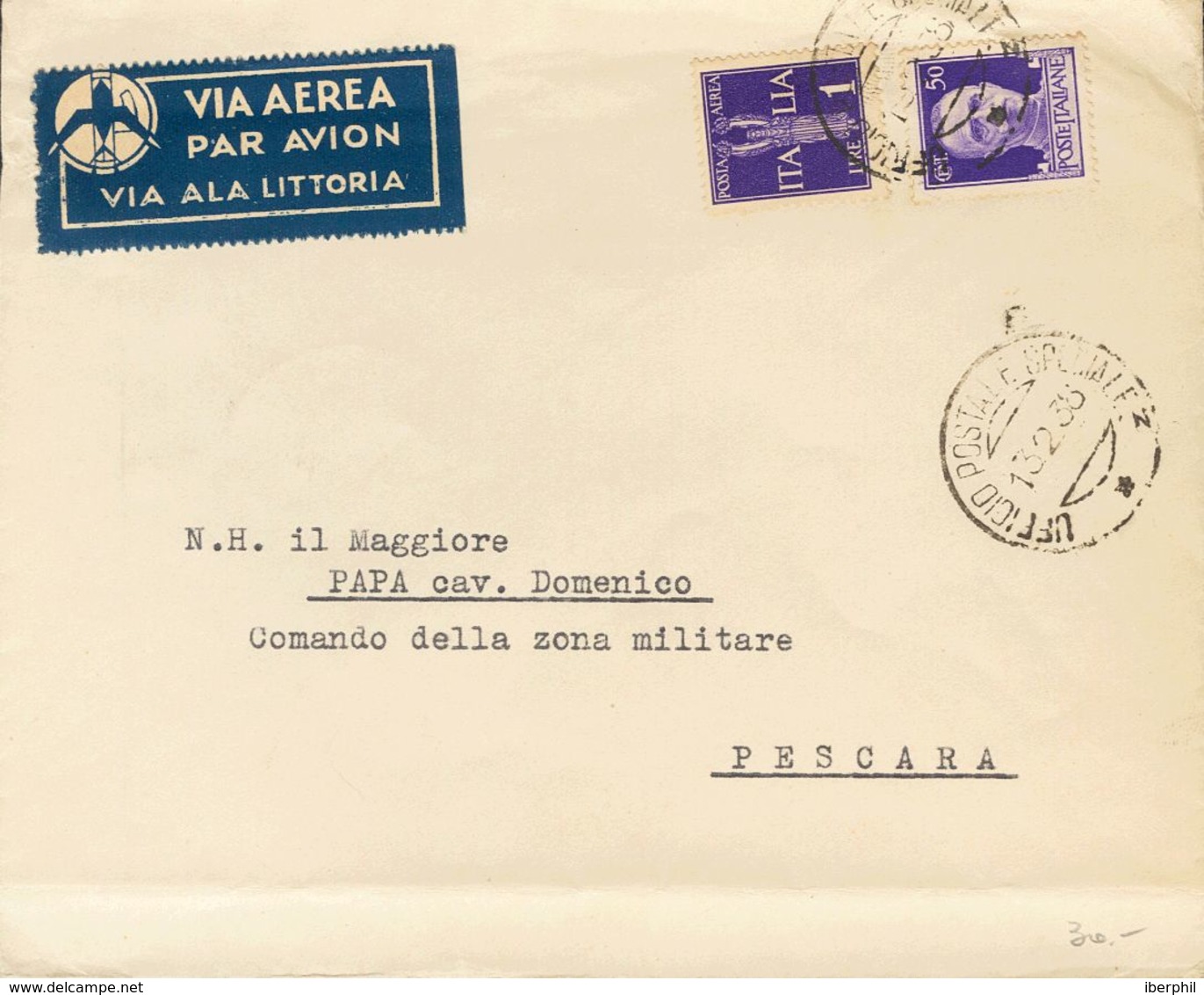 Sobre . 1938. 50 Cts Y 1 Lira De Italia. Dirigida A PESCARA (ITALIA). Matasello UFFICIO POSTALE SPECIALE 3, Al Dorso Mem - Sonstige & Ohne Zuordnung