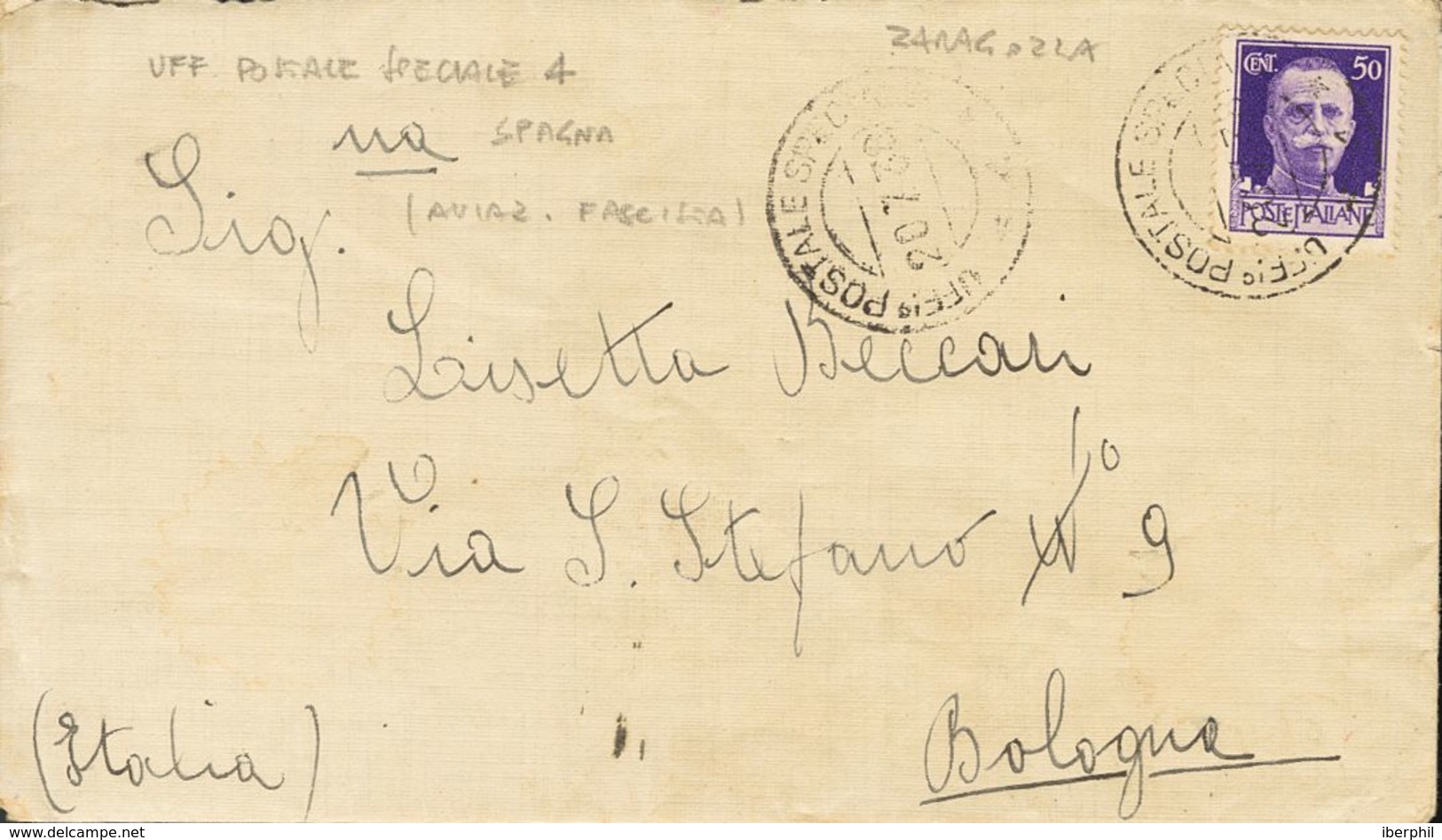 Sobre . 1938. 50 Cts Violeta De Italia. Carta (completa) De ZARAGOZA A BOLONIA (ITALIA). Matasello UFFIº POSTALE SPECIAL - Autres & Non Classés
