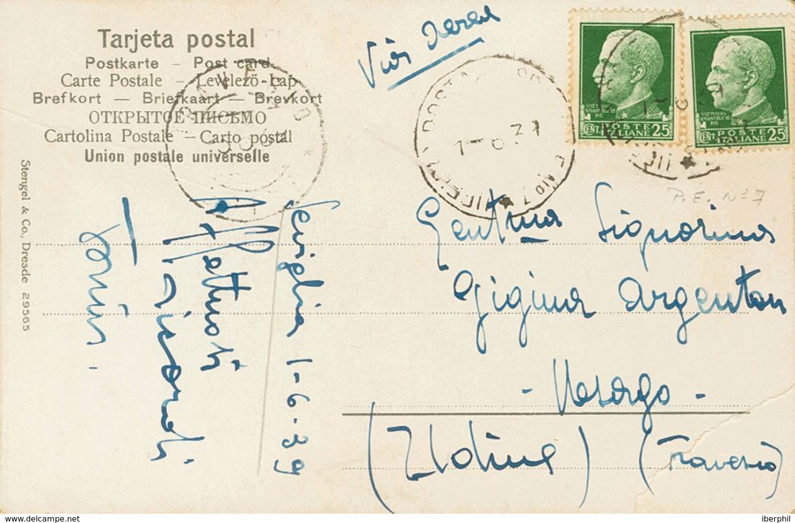 Sobre . 1939. 25 Cts Verde De Italia, Dos Sellos (tonalizados). Tarjeta Postal De SEVILLA A UDINE (ITALIA). Matasello UF - Autres & Non Classés