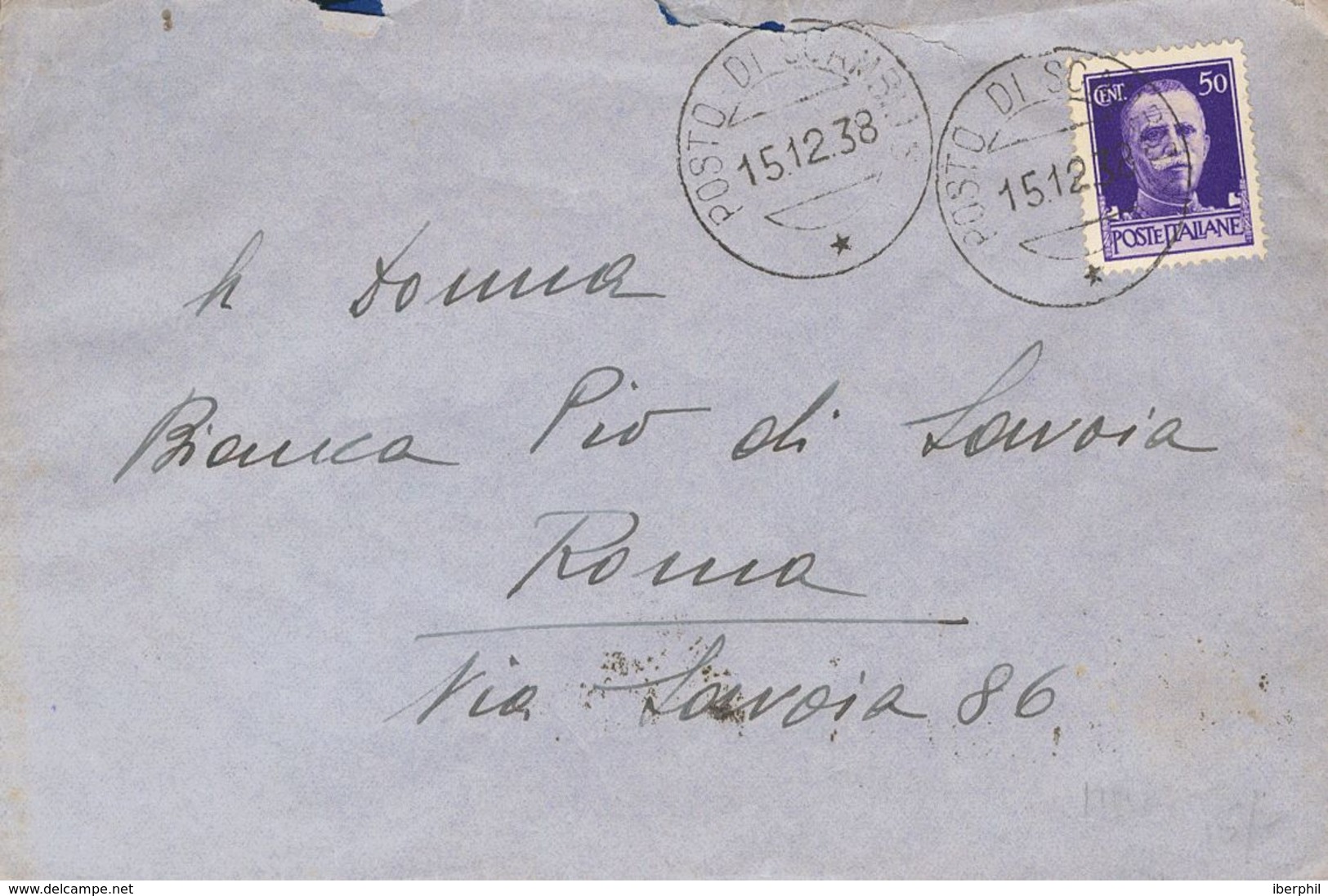 Sobre . 1938. 50 Cts Violeta De Italia. Dirigida A ROMA. Matasello POSTO DI SCAMBIO, Al Dorso Llegada. MAGNIFICA. - Autres & Non Classés