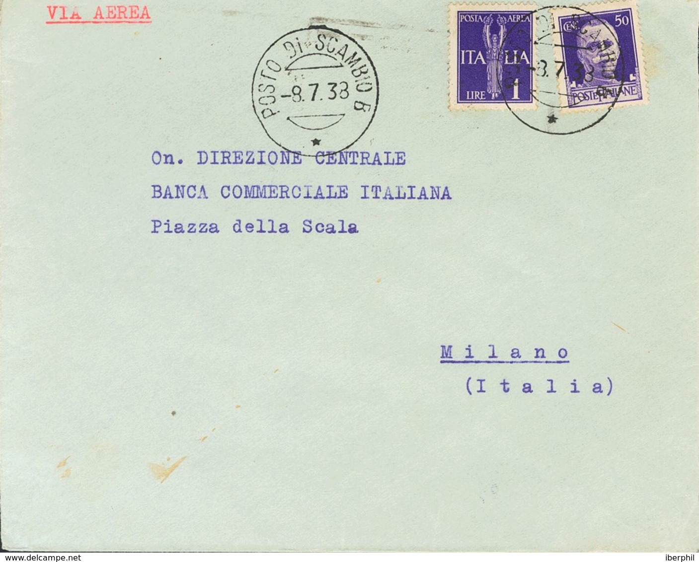 Sobre . 1938. 50 Cts Y 1 Lira De Italia. BURGOS A MILAN (ITALIA). Matasello POSTO DI SCAMBIO B, Al Dorso Viñeta RICORDAT - Autres & Non Classés