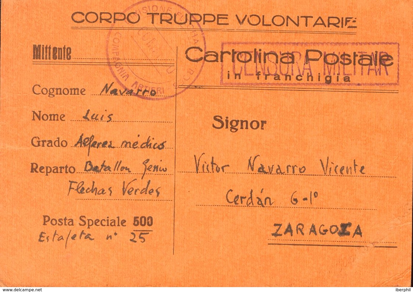 Sobre . 1938. Tarjeta Postal De La Posta Speciale 500. Dirigida A ZARAGOZA. Marca DIVISIONE FLECHAS VERDES / COMANDO / C - Autres & Non Classés