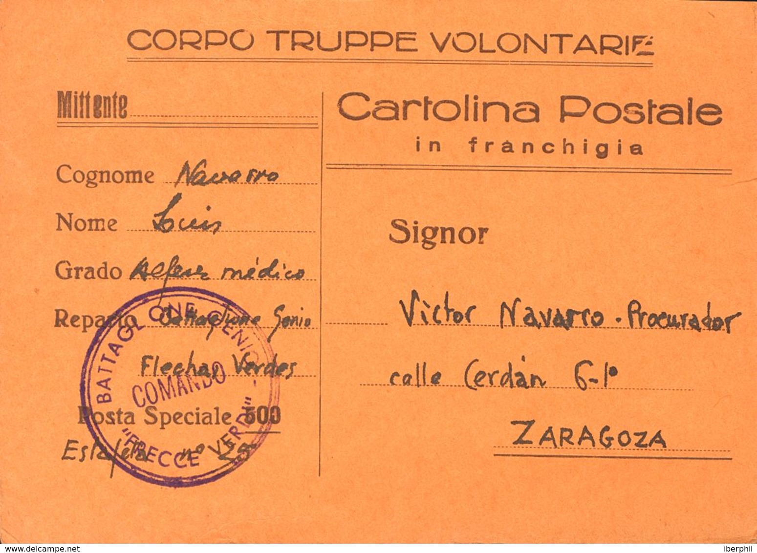 Sobre . 1938. Tarjeta Postal De La Posta Speciale 500. Dirigida A ZARAGOZA. Marca BATTAGLIONE GENIO / COMANDO / "FRECCE  - Autres & Non Classés