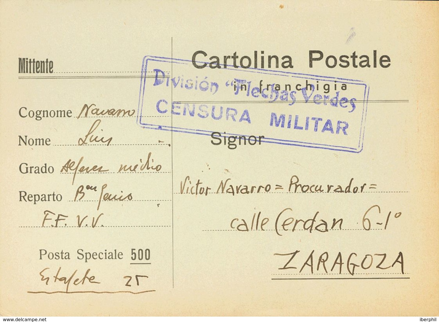 Sobre . 1939. Tarjeta Postal De La Posta Speciale 500 De CIRUELOS (TOLEDO) A ZARAGOZA. Marca DIVISION FLECHAS VERDES / C - Other & Unclassified