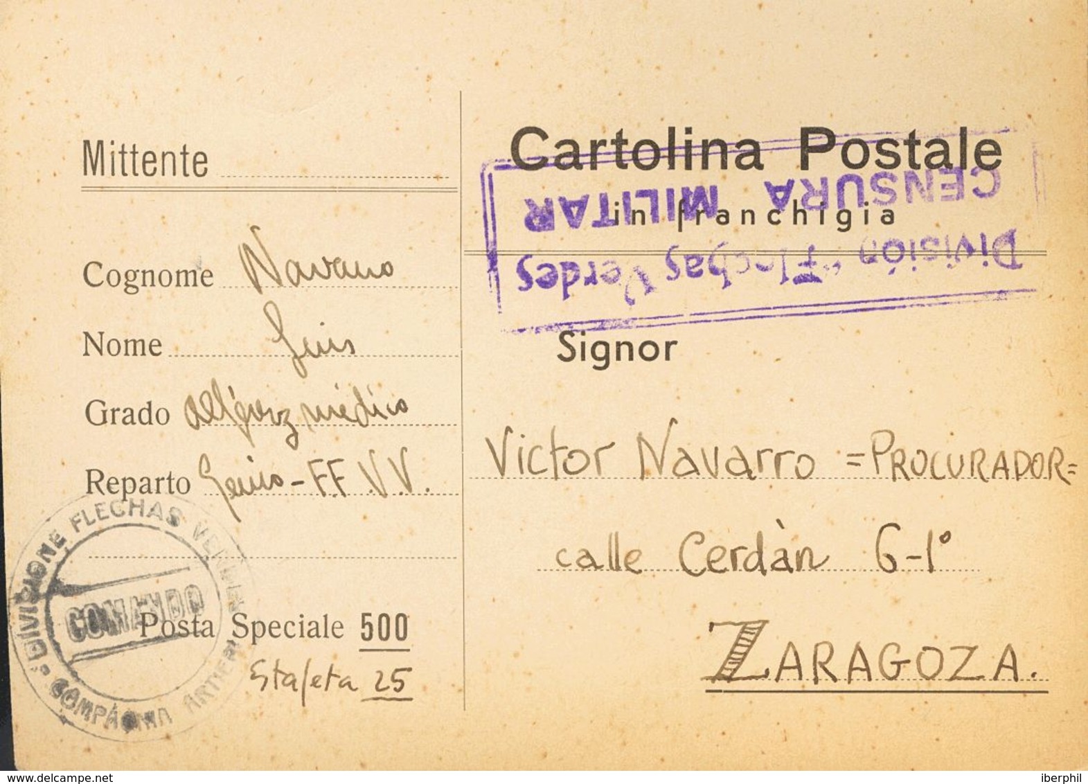 Sobre . 1939. Tarjeta Postal De La Posta Speciale 500 De ALMANSA A ZARAGOZA. Marca DIVISIONE FLECHAS VERDES / COMANDO /  - Autres & Non Classés