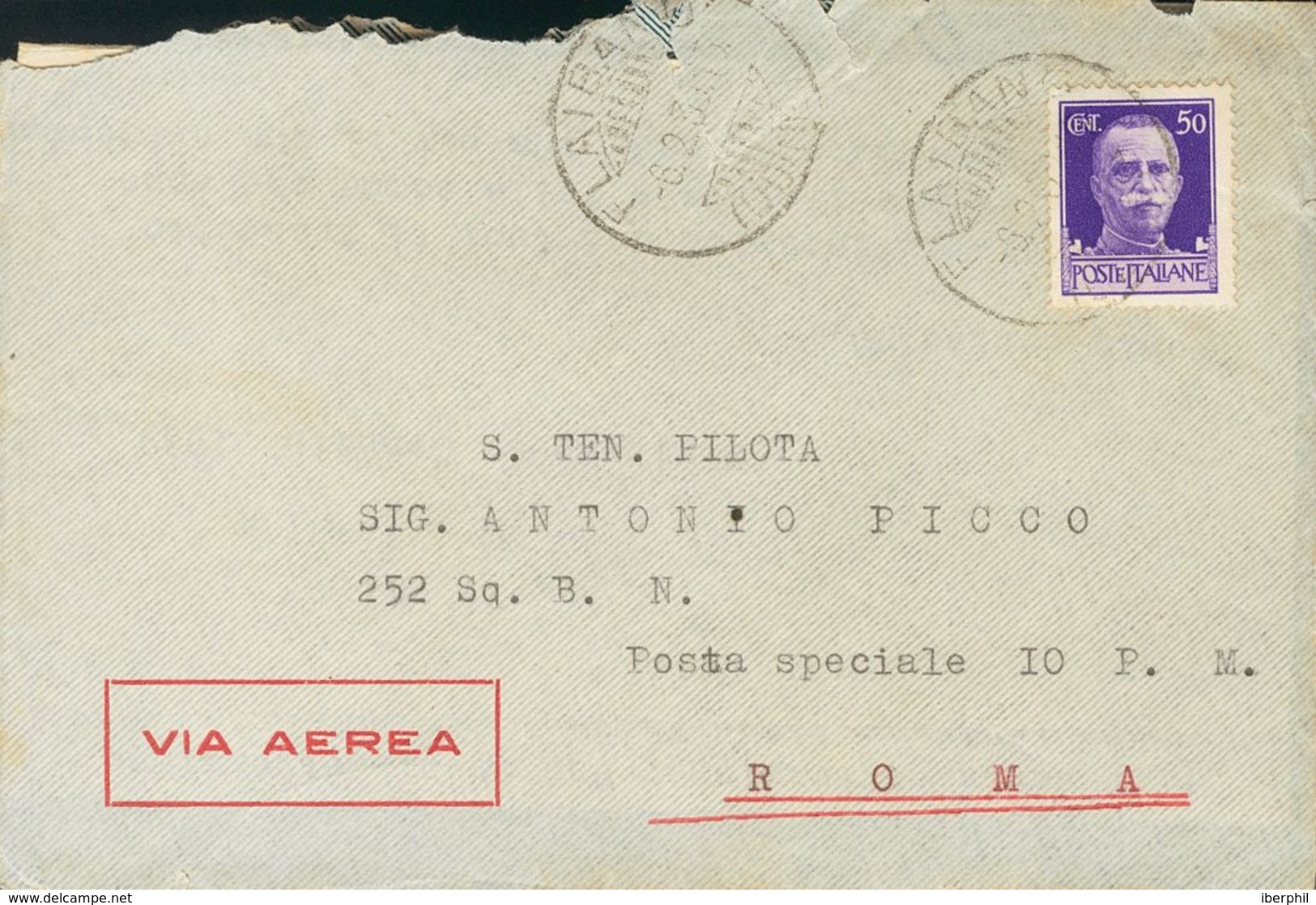 Sobre . 1937. 50 Cts Violeta De Italia. FLIBANO A ROMA, Dirigida Al Piloto Antonio Picco Del 252 Squadrone "Pipistrelli  - Autres & Non Classés