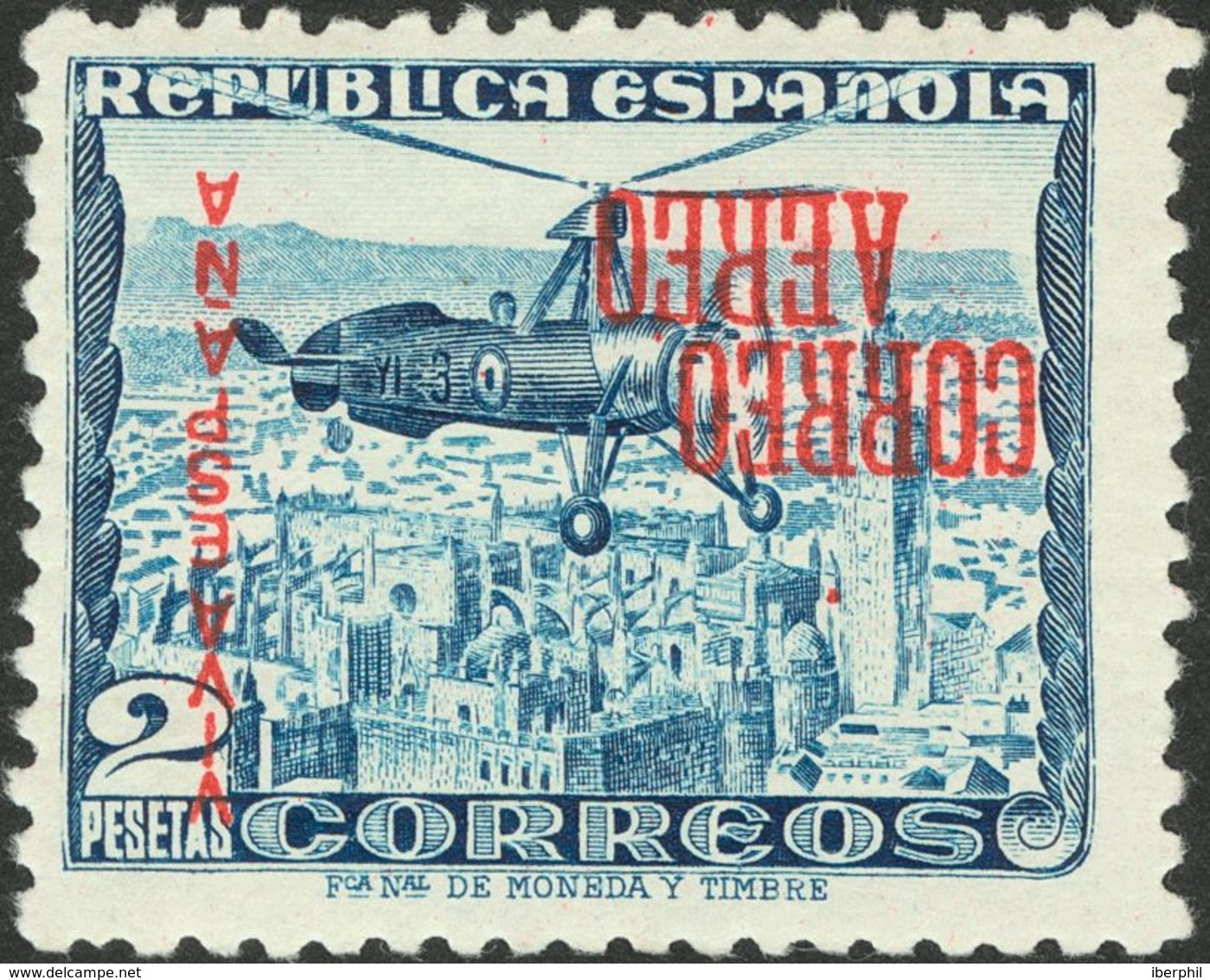 **61hi. 1937. 2 Pts Azul. Variedad SOBRECARGA INVERTIDA, En Rojo. MAGNIFICO. - Andere & Zonder Classificatie