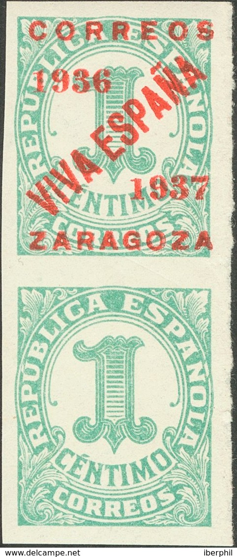 **26. 1937. 1 Cts Verde, Pareja. Variedad UN SELLO SIN SOBRECARGA. MAGNIFICA Y RARA, NO RESEÑADA. - Autres & Non Classés