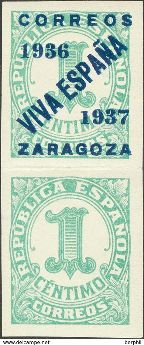 **26hcc. 1937. 1 Cts Verde, Pareja. Variedad UN SELLO SIN SOBRECARGA Y CAMBIO DE COLOR DE LA SOBRECARGA, En Azul. MAGNIF - Autres & Non Classés