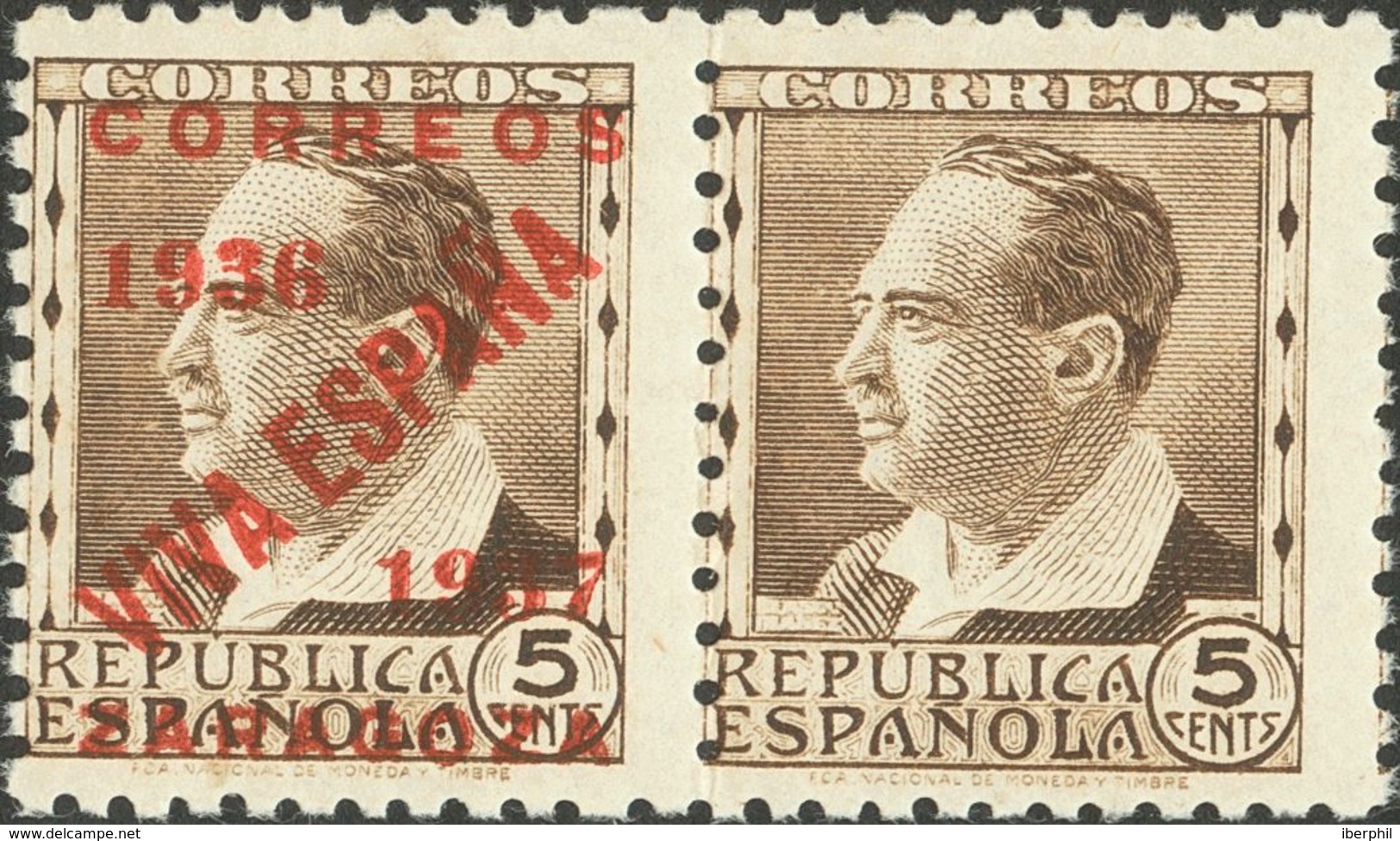 *30. 1937. 5 Cts Castaño, Pareja. Variedad UN SELLO SIN SOBRECARGA. MAGNIFICA Y RARA, NO RESEÑADA. - Autres & Non Classés