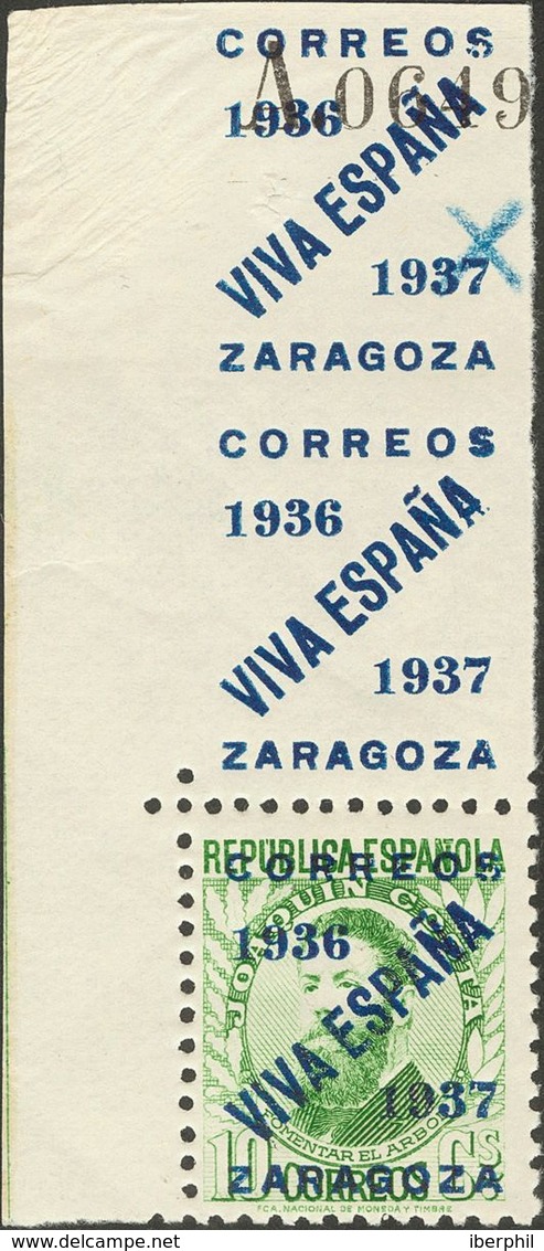 *31A. 1937. 10 Cts Verde VALOR COMPLEMENTARIO, Esquina De Pliego. Variedad DOBLE SOBRECARGA EN EL BORDE DE HOJA. MAGNIFI - Autres & Non Classés