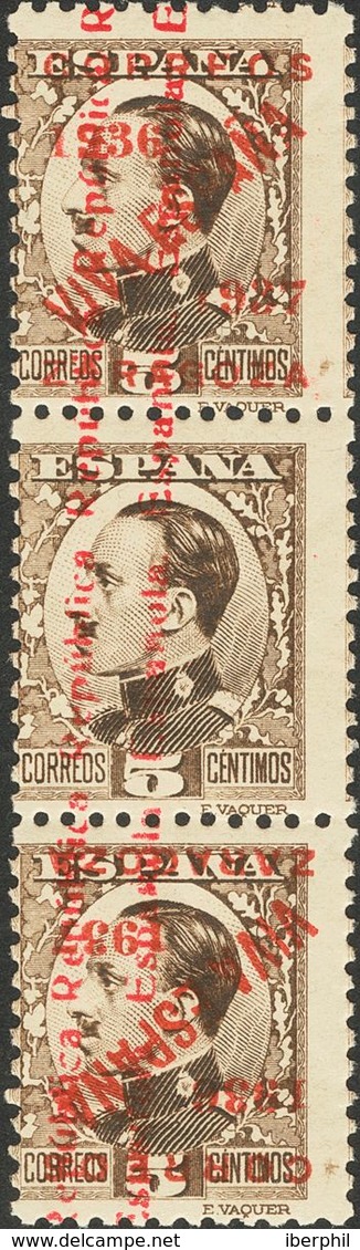 *NE6. 1937. 5 Cts Castaño Negro NO EMITIDO, Tira Vertical De Tres. Variedad Un Sello Central SIN SOBRECARGA Y Un Sello S - Sonstige & Ohne Zuordnung