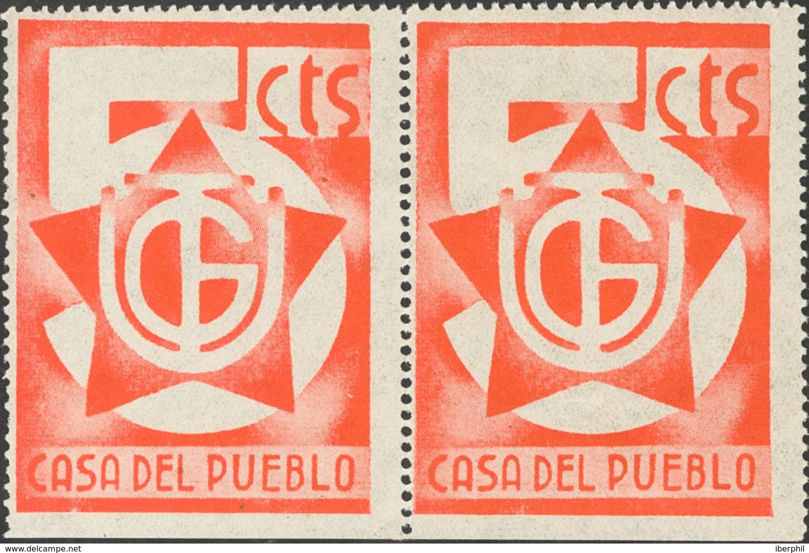 (*). 1937. 5 Cts Rojo UGT, CASA DEL PUEBLO, Cuatro Sellos, Dos En Pareja, Uno Sobre Carnet De La "Asociación De Profesio - Sonstige & Ohne Zuordnung