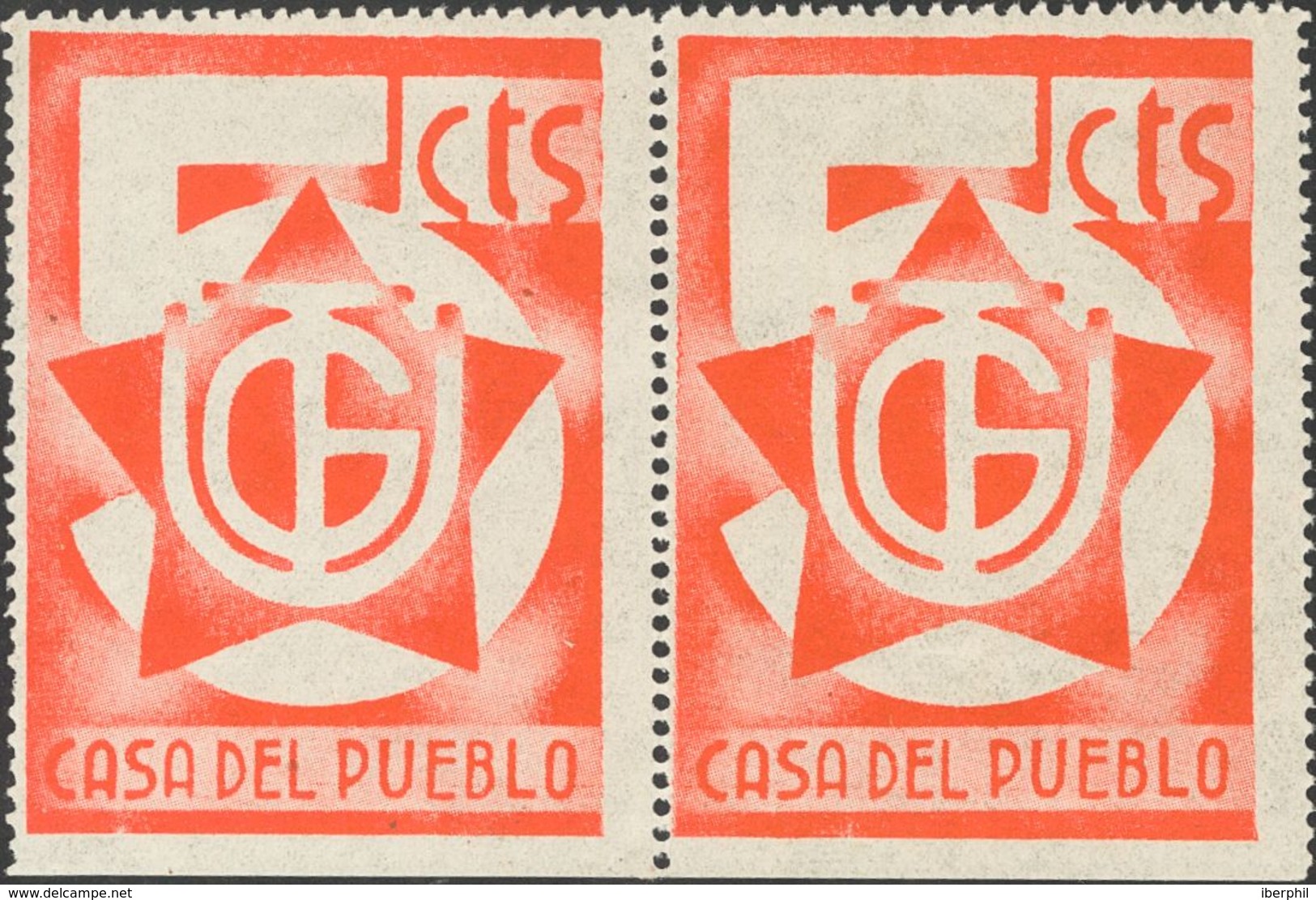 (*). 1937. 5 Cts Rojo UGT, CASA DEL PUEBLO, Cuatro Sellos, Dos En Pareja, Uno Sobre Carnet De La "Asociación De Profesio - Autres & Non Classés