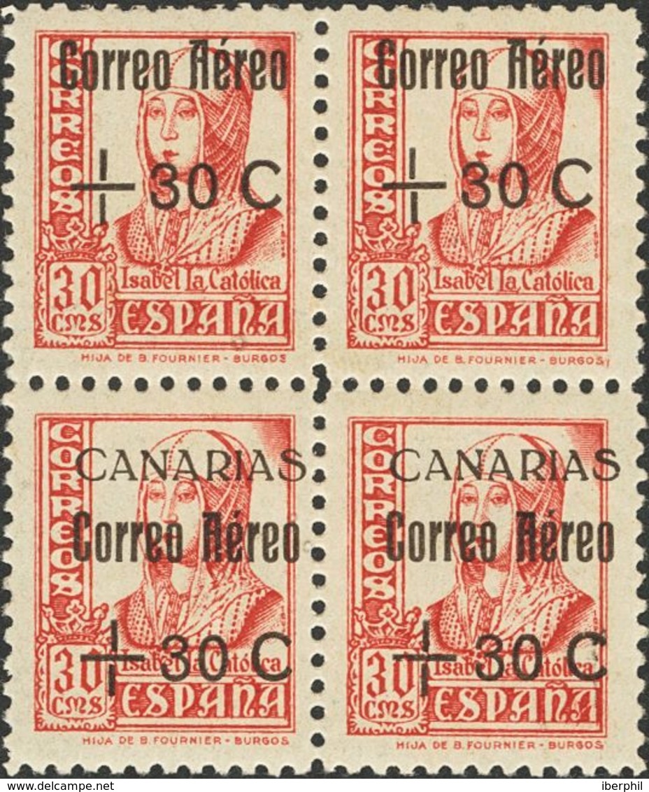 **/*40(4). 1937. +30 Cts Sobre 30 Cts Rosa, Bloque De Cuatro. Sellos Superiores Variedad SOBRECARGA DESPLAZADA, Presenta - Autres & Non Classés