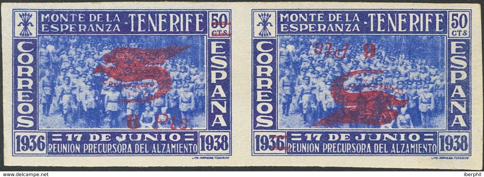 *59, 59hi. 1939. 6 Pts Sobre 50 Cts Azul Y Ultramar, Pareja. Variedad UN SELLO SOBRECARGA INVERTIDA, Formando Capicúa. M - Autres & Non Classés