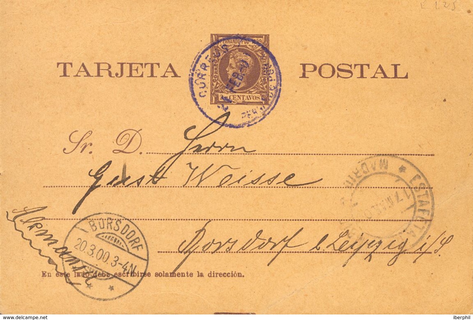 Sobre EP3. 1900. 2 Ctvos Violeta Sobre Tarjeta Entero Postal De FERNANDO POO A BURSDORF (ALEMANIA). En El Frente Tránsit - Andere & Zonder Classificatie