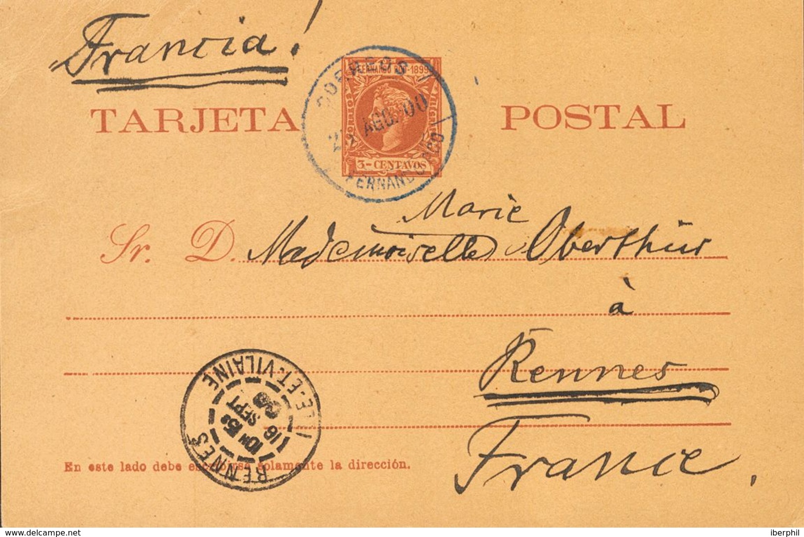 Sobre EP4. 1899. 3 Ctvos Castaño Sobre Tarjeta Entero Postal De FERNANDO POO A RENNES (FRANCIA). En El Frente Llegada. M - Andere & Zonder Classificatie