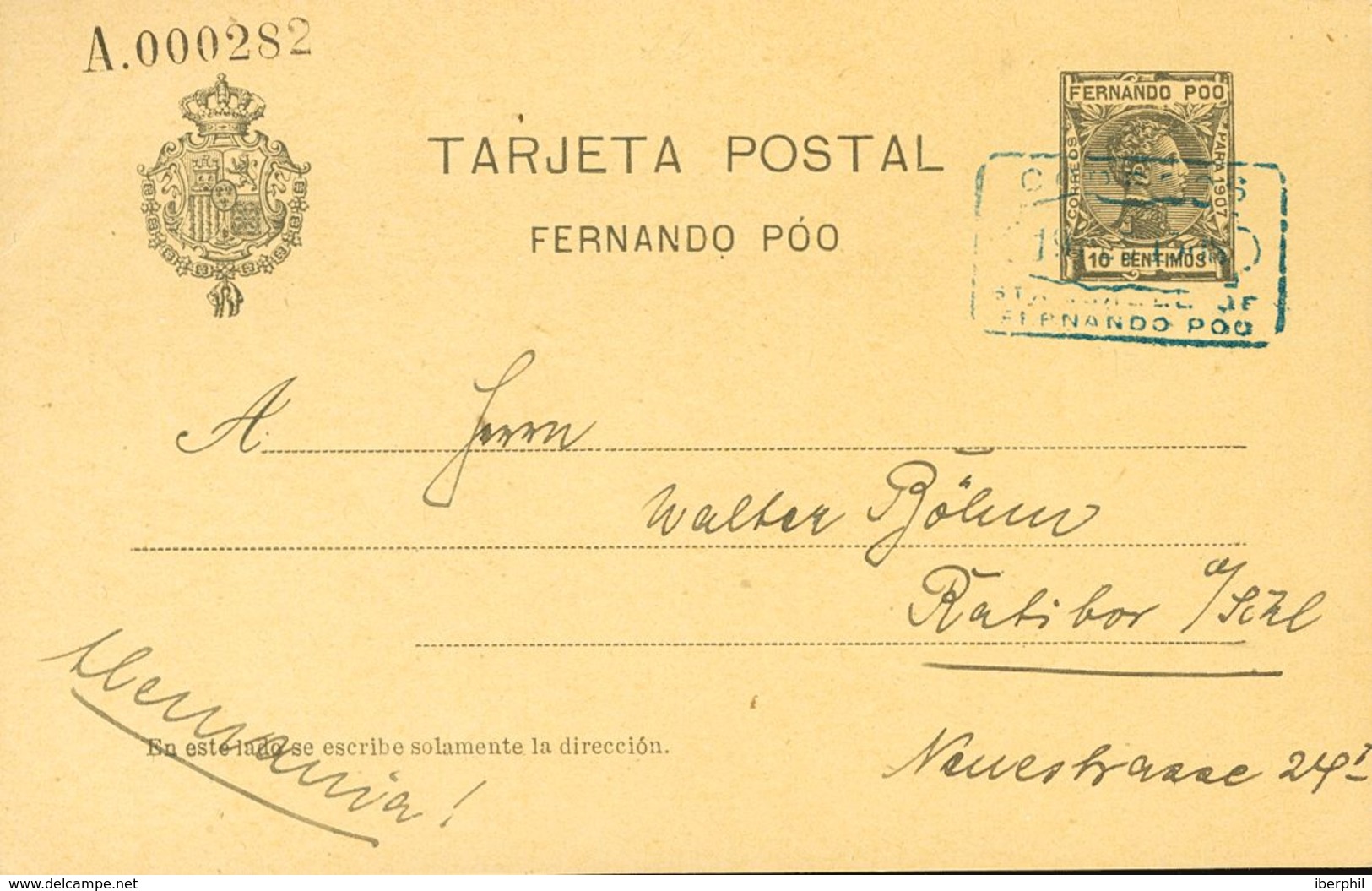 Sobre EP21. 1910. 10 Cts Verde Negro Sobre Tarjeta Entero Postal De FERNANDO POO A ALEMANIA (sin Llegada). MAGNIFICA. Ed - Andere & Zonder Classificatie