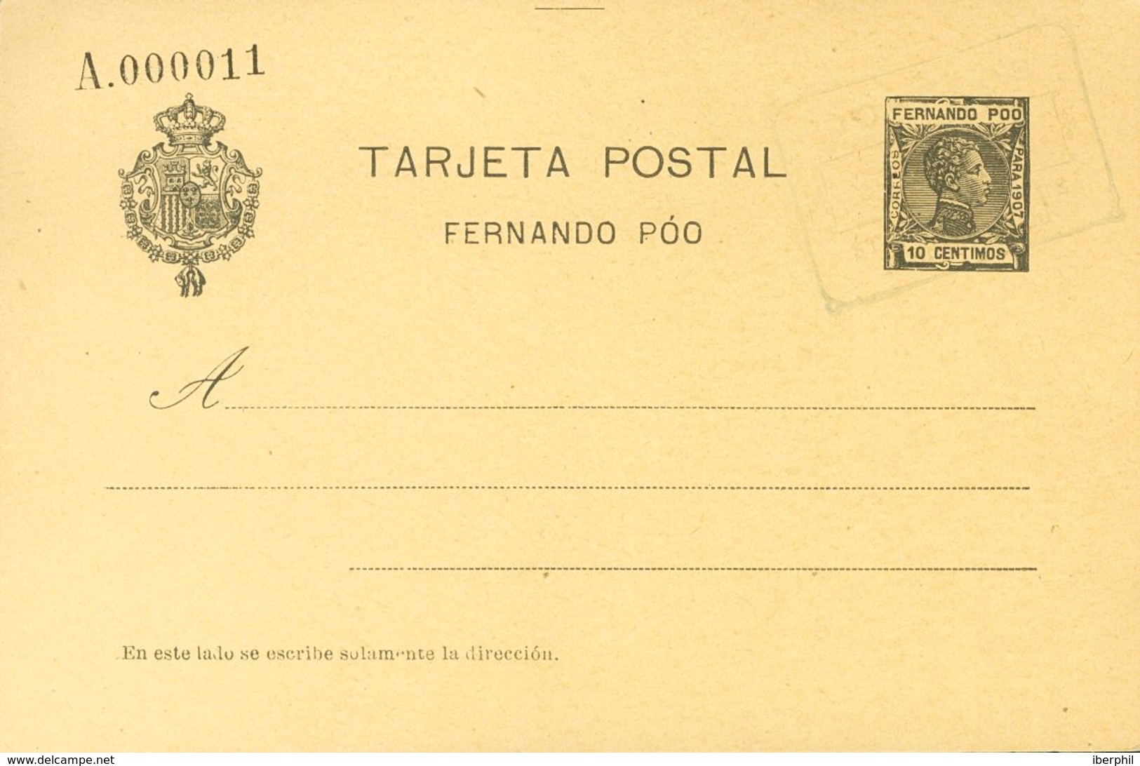 ºEP21. 1907. 10 Cts Verde Negro Sobre Tarjeta Entero Postal. Matasello Filatélico CORREOS / STª ISABEL DE / FERNANDO POO - Sonstige & Ohne Zuordnung