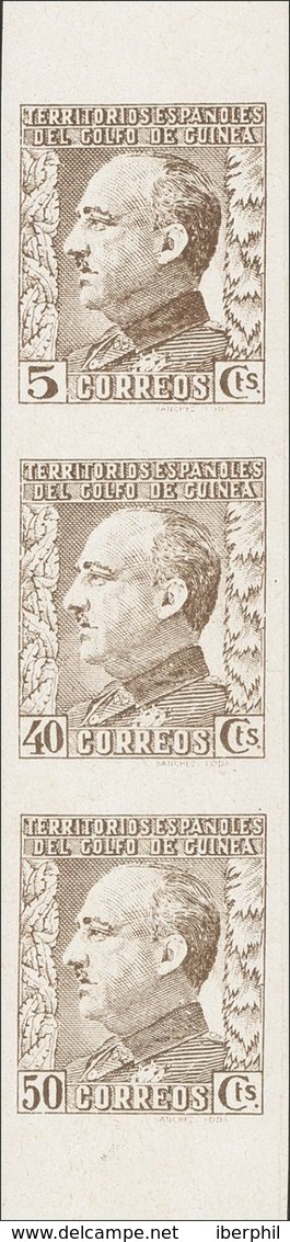 **260/62P. 1940. 5 Cts, 40 Cts Y 50 Cts, Unidos En Tira Vertical. ENSAYO DE PLANCHA, En Color Castaño-negro Y Sobre Pape - Guinea Espagnole