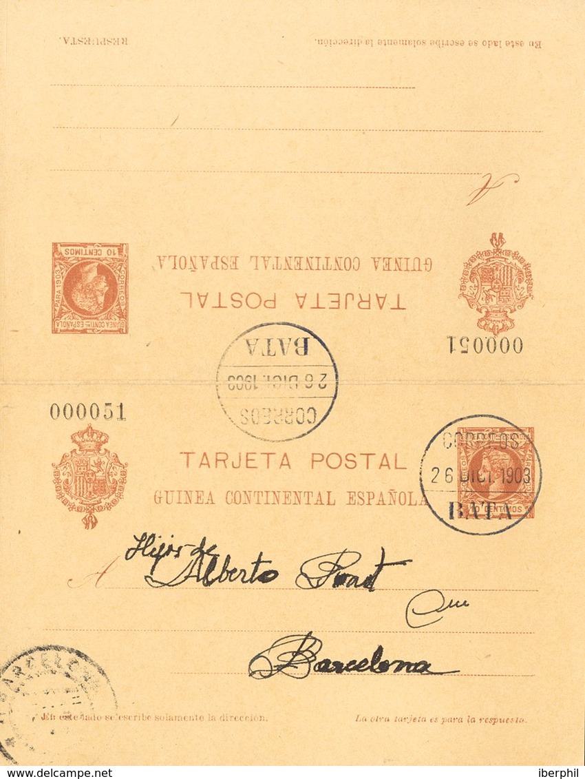 Sobre EP1. 1903. 10 Cts Castaño Sobre Tarjeta Entero Postal, De Ida Y Vuelta, La Ida Circulada De BATA A BARCELONA. En E - Sonstige & Ohne Zuordnung