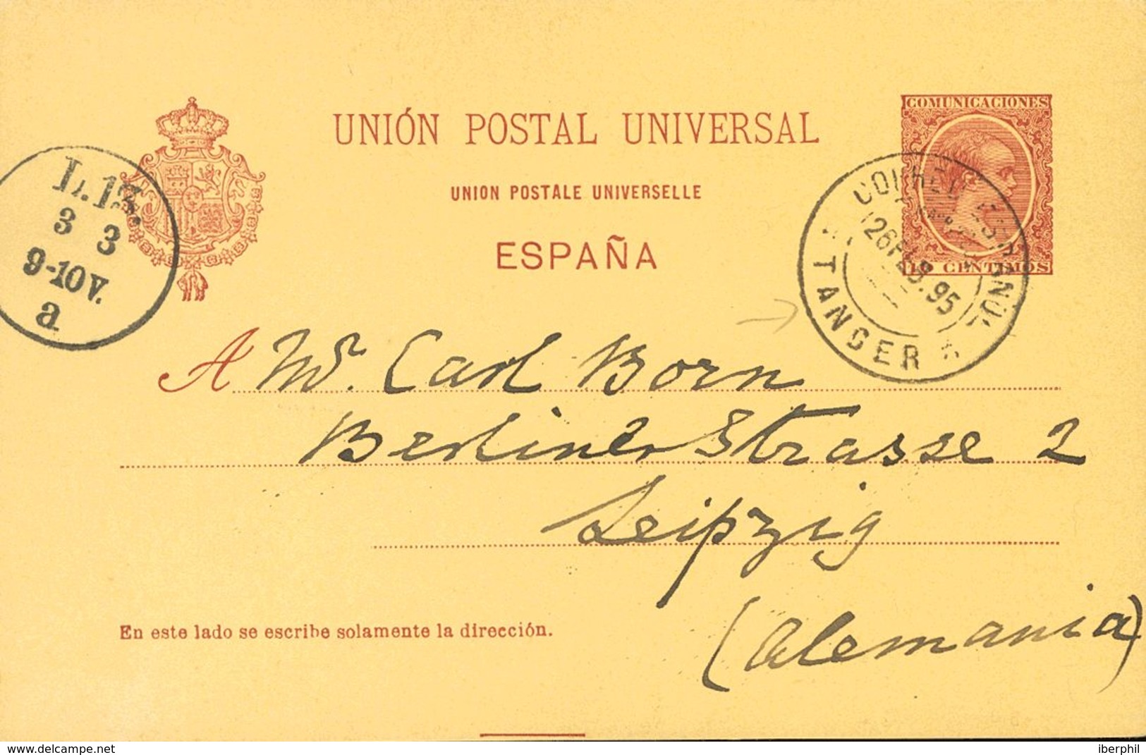 Sobre España EP31. 1895. 10 Cts Carmín Sobre Tarjeta Entero Postal De España De TANGER A LEIPZIG (ALEMANIA). Matasello C - Maroc Espagnol