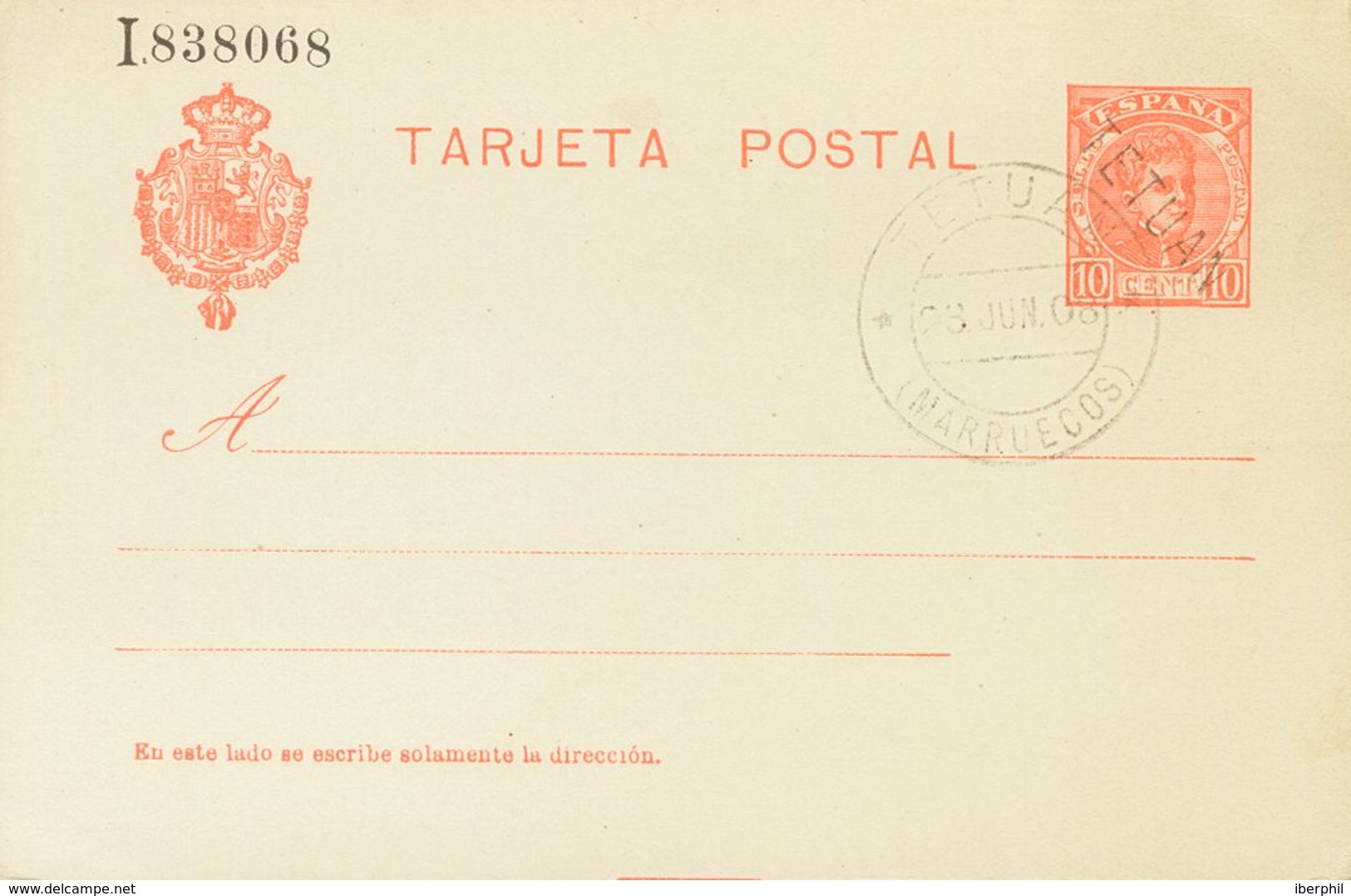 ºEP2. 1908. 10 Cts Naranja Sobre Tarjeta Entero Postal (sin Inutilizar). Matasello TETUAN / (MARRUECOS). MAGNIFICA. Edif - Altri & Non Classificati