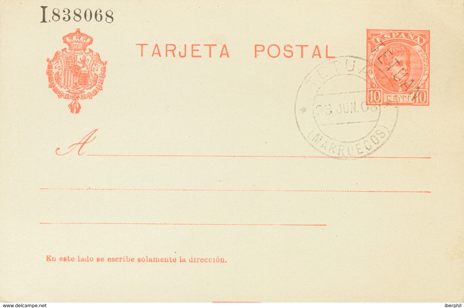 ºEP2. 1908. 10 Cts Naranja Sobre Tarjeta Entero Postal (sin Inutilizar). Matasello TETUAN / (MARRUECOS). MAGNIFICA. Edif - Andere & Zonder Classificatie