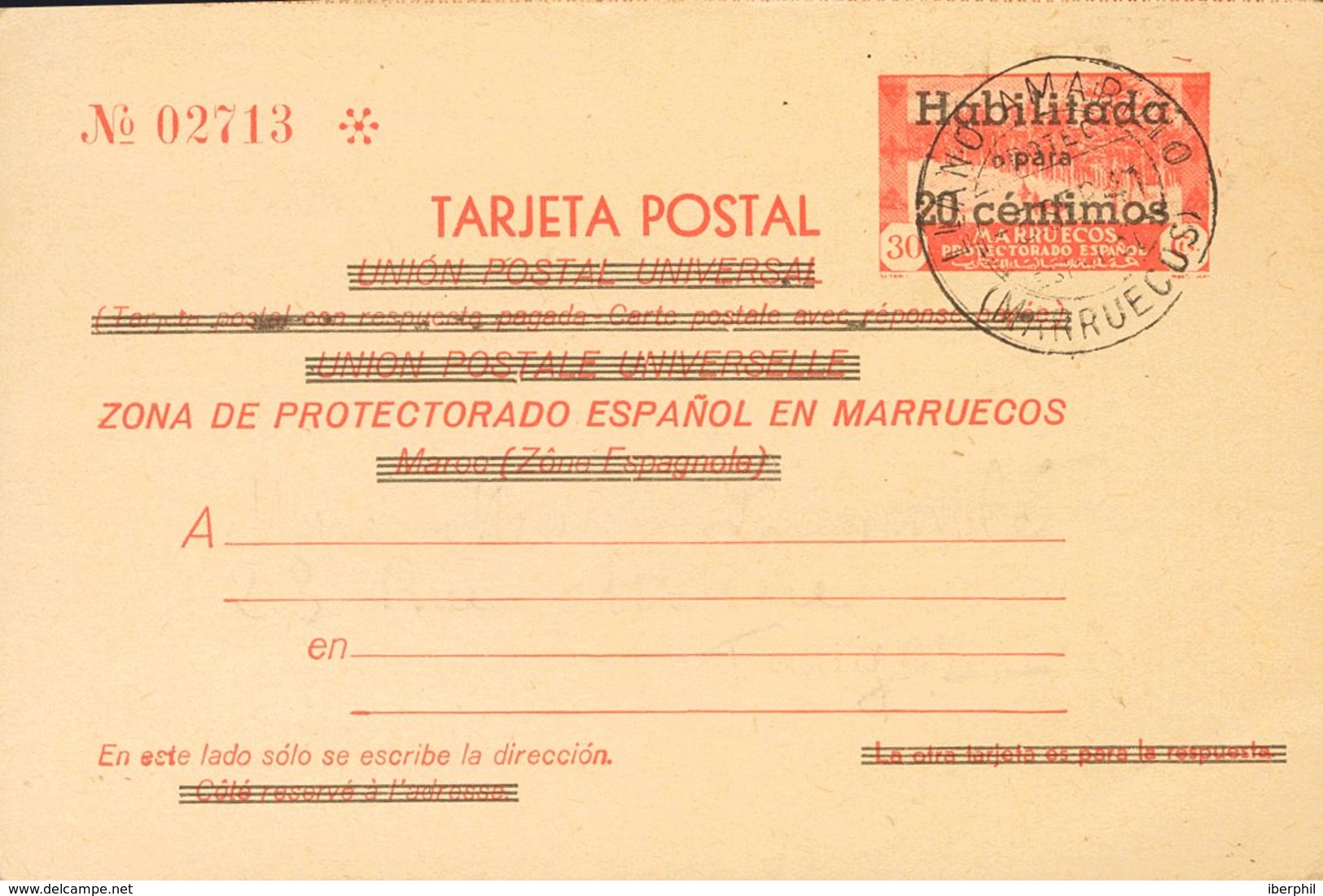 Sobre EP27i. 1941. 20 Cts Sobre 30 Cts Rojo Sobre Tarjeta Entero Postal, De Vuelta Circulada De KETAMA A TANGER (el Text - Sonstige & Ohne Zuordnung