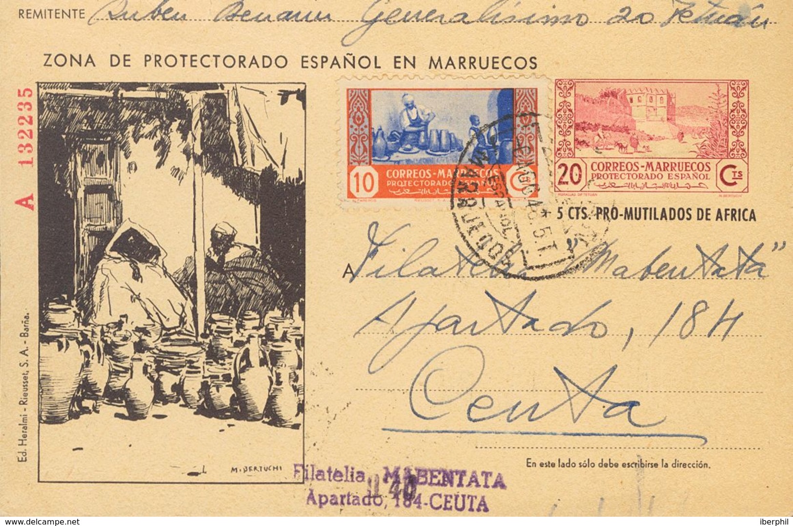 Sobre EP63, 262. 1948. 20 Cts+5 Cts Lila Y Negro Sobre Tarjeta Entero Postal (Serie A, Tipo IV) De TETUAN A CEUTA, Con F - Andere & Zonder Classificatie