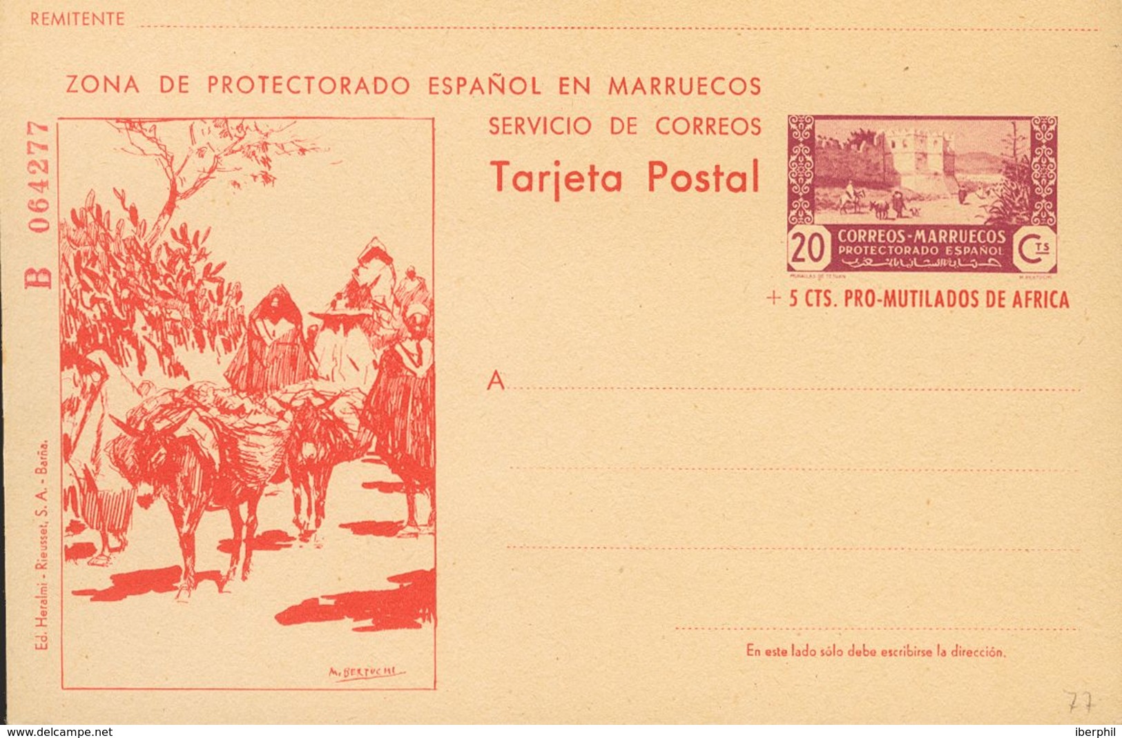 (*)EP77. 1944. 20 Cts+5 Cts Lila Y Rojo Sobre Tarjeta Entero Postal (Serie B). MAGNIFICA Y RARA. Edifil 2019: 295 Euros - Autres & Non Classés