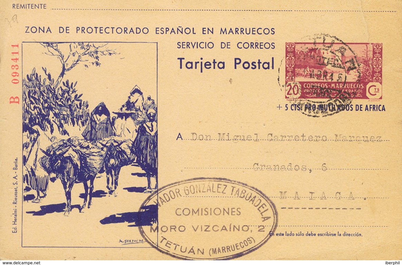 Sobre EP78. 1945. 20 Cts+5 Cts Lila Y Azul Violeta Sobre Tarjeta Entero Postal (cortecito Restaurado) De TETUAN A MALAGA - Sonstige & Ohne Zuordnung