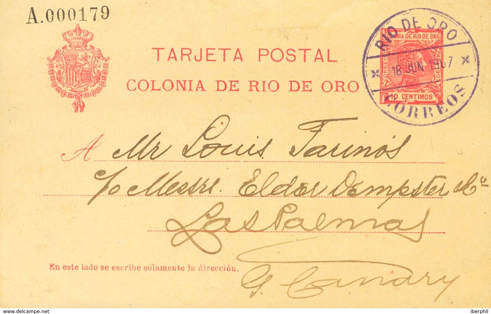 Sobre EP3. 1907. 10 Cts Rosa Sobre Tarjeta Entero Postal De RIO DE ORO A LAS PALMAS. Matasello RIO DE ORO / CORREOS. MAG - Sonstige & Ohne Zuordnung