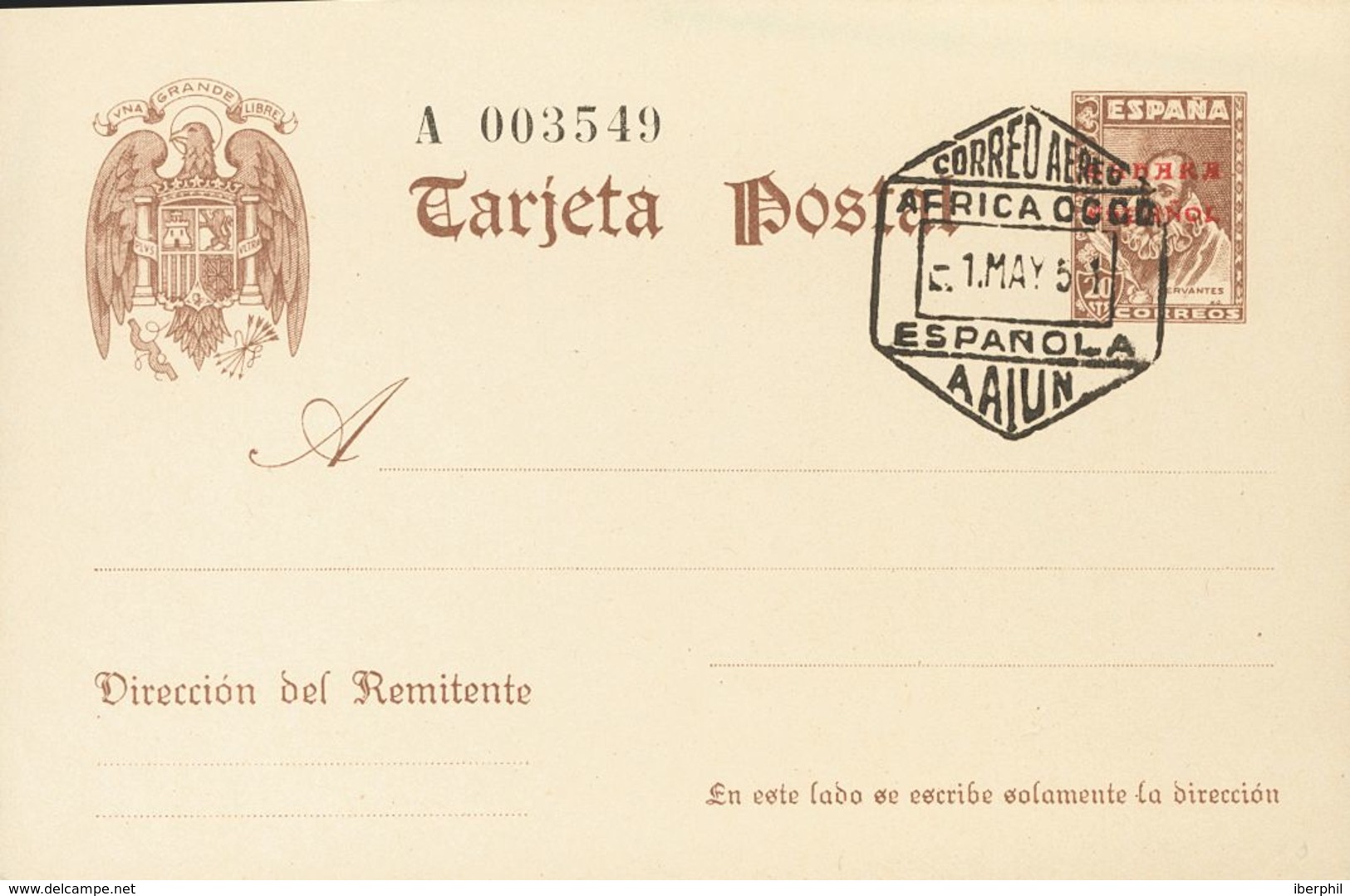 ºEP1. 1941. 20 Cts Castaño Sobre Tarjeta Entero Postal. Matasello CORREO AEREO / AAIUN. MAGNIFICA. Edifil 2019: 150 Euro - Sonstige & Ohne Zuordnung