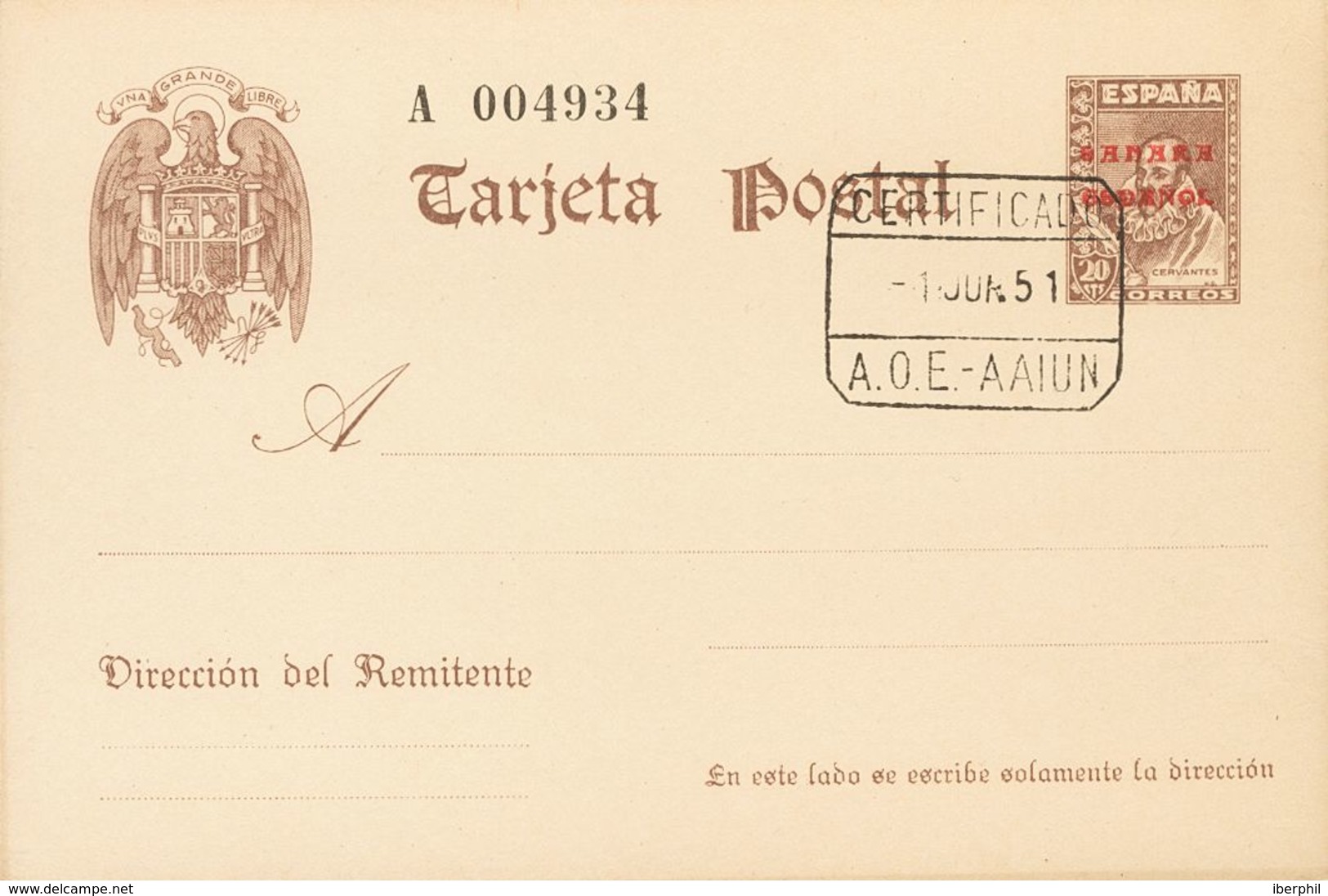 ºEP1. 1941. 20 Cts Castaño Sobre Tarjeta Entero Postal. Matasello CERTIFICADO / A.O.E.-AAIUN. MAGNIFICA. Edifil 2019: 15 - Andere & Zonder Classificatie