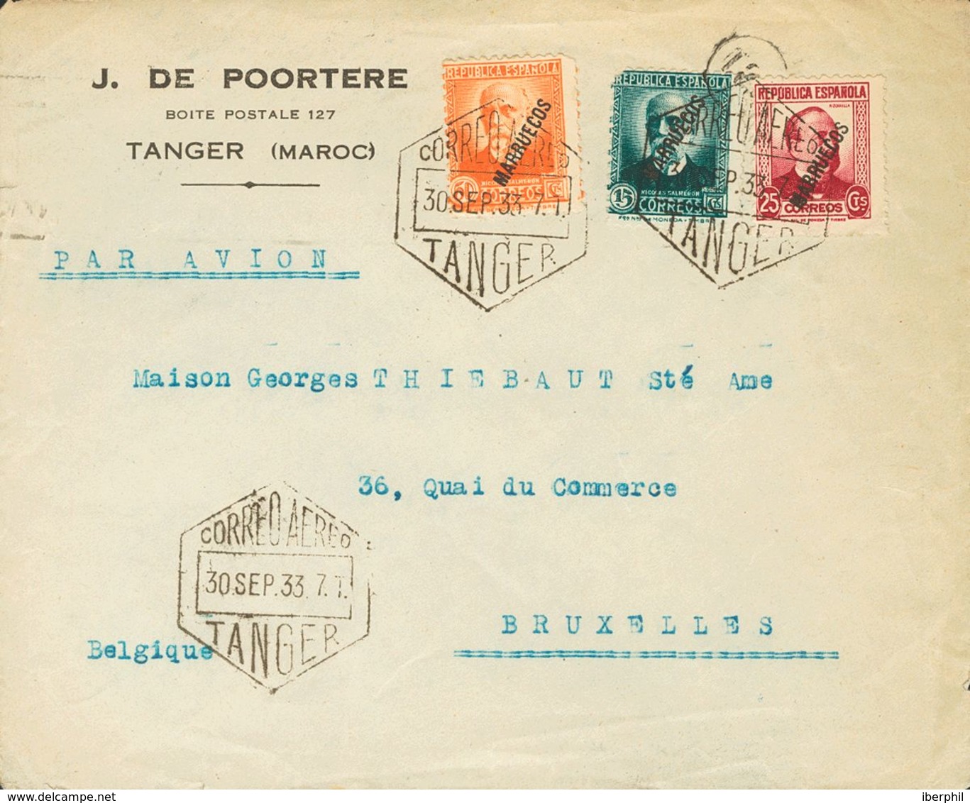 Sobre 74, 76, 79. 1933. 15 Cts Verde, 25 Cts Carmín Y 50 Cts Naranja. TANGER A BRUSELAS (BELGICA). Al Dorso Tránsito PAR - Maroc Espagnol