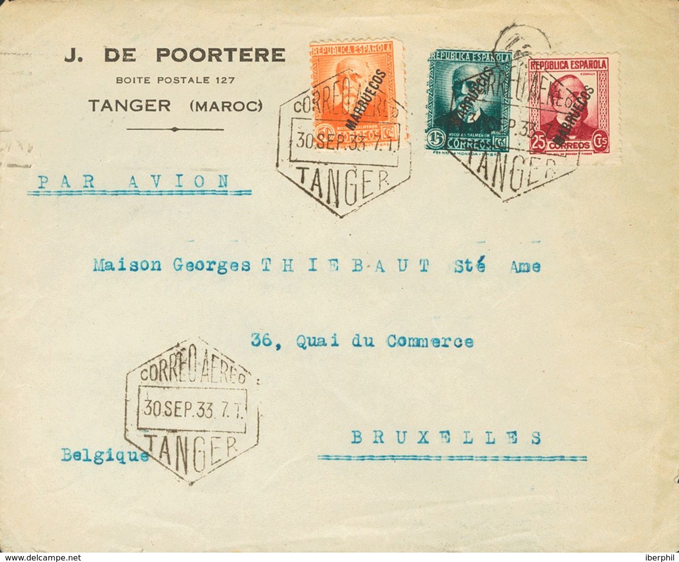 Sobre 74, 76, 79. 1933. 15 Cts Verde, 25 Cts Carmín Y 50 Cts Naranja. TANGER A BRUSELAS (BELGICA). Al Dorso Tránsito PAR - Marruecos Español