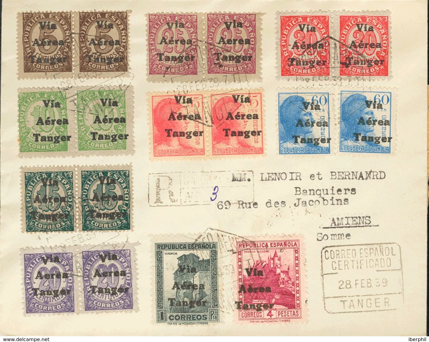 Sobre 128/35(2), 137/39. 1939. Serie Completa A Falta Del 50 Cts, 10 Pts Y 20 Cts Urgente. Certificado De TANGER A AMIEN - Spaans-Marokko