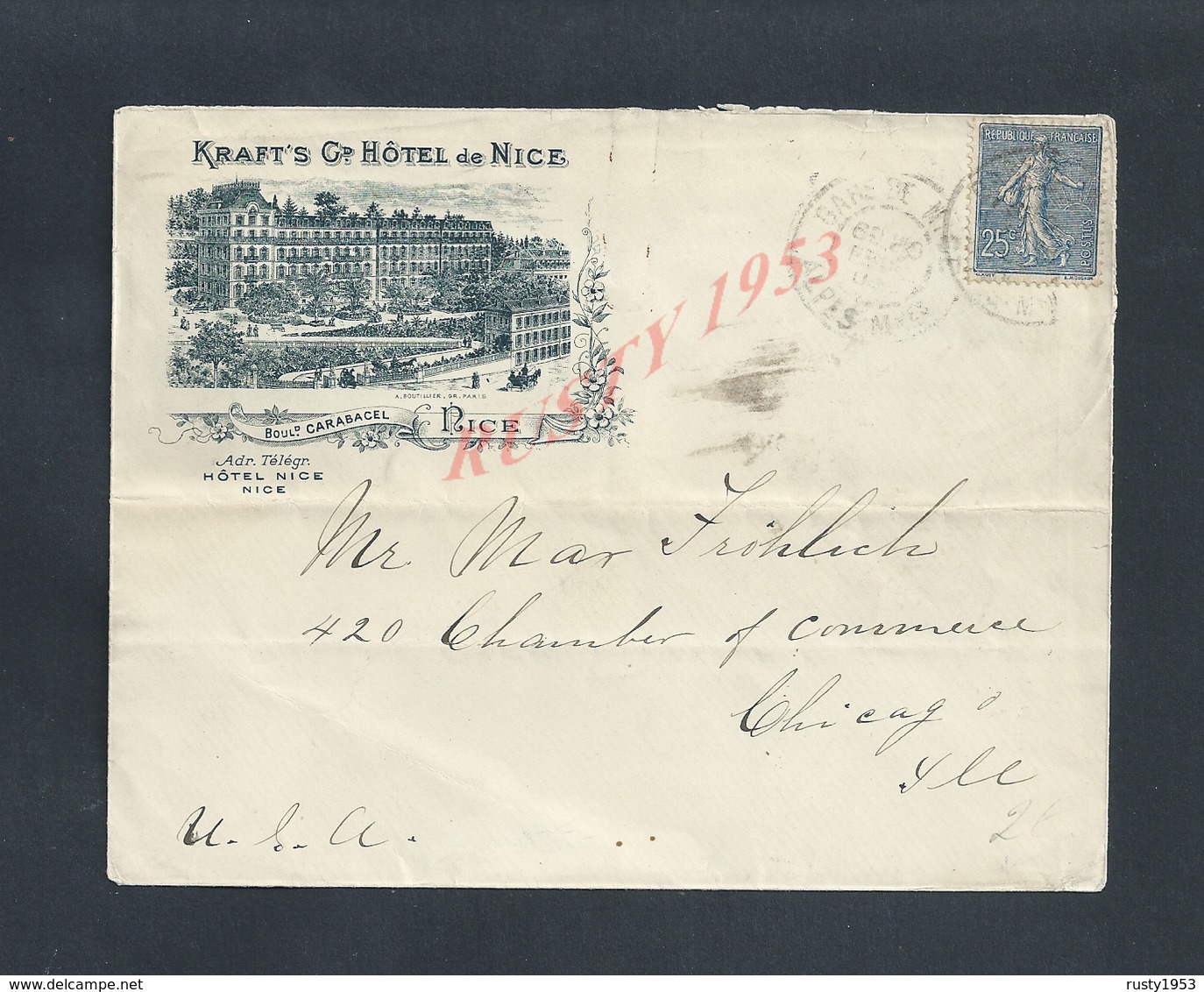 LETTRE COMMERCIALE SUR TIMBRE 1904 KRAFT S Gd HÔTEL DE NICE Boul CARABACEL + TAMPON CHICAGO : - 1903-60 Semeuse Lignée