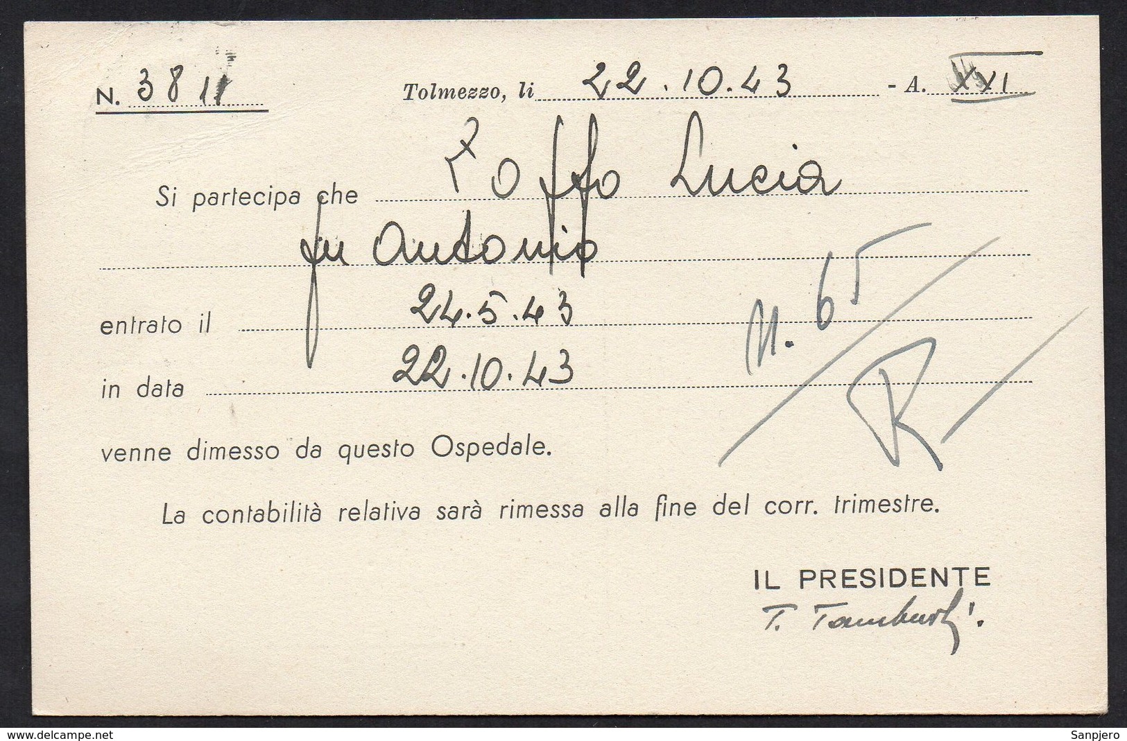 ITALY ITALIA ITALIEN 1943. POSTCARD CARTOLINA POSTALE, TOLMEZZO AMARO UDINE - Altri & Non Classificati