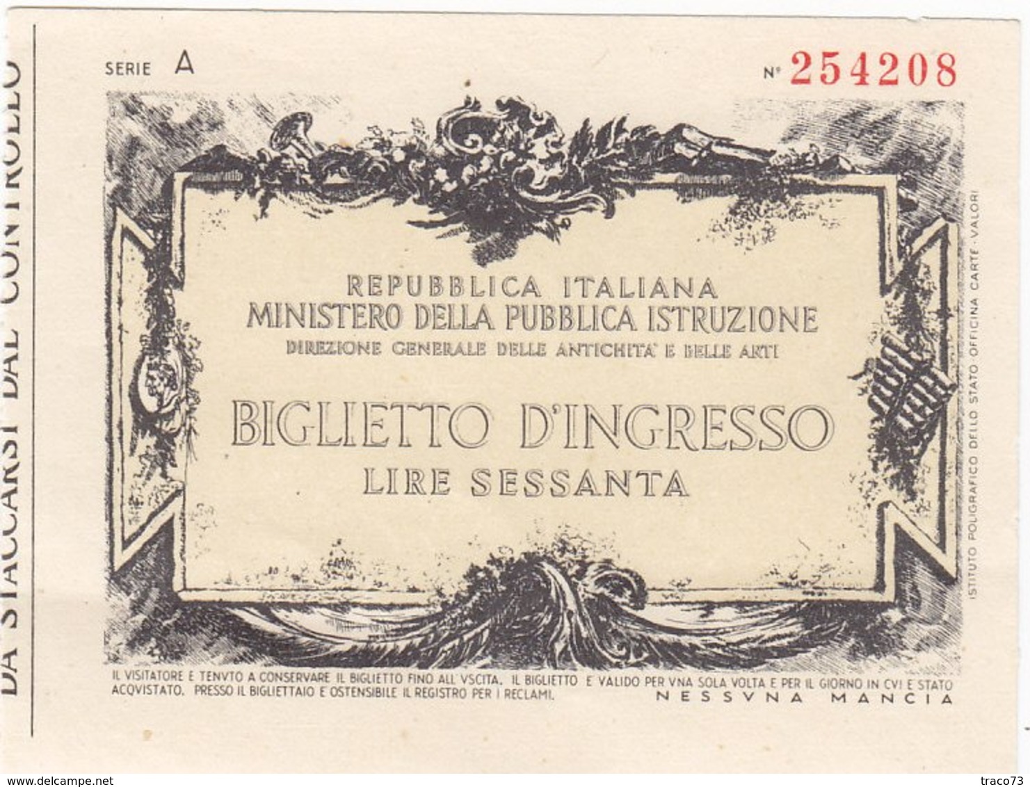 BIGLIETTO  D'INGRESSO  /  Ministero Della Pubblica Istruzione _ Biglietto Da Lire 60 - Biglietti D'ingresso