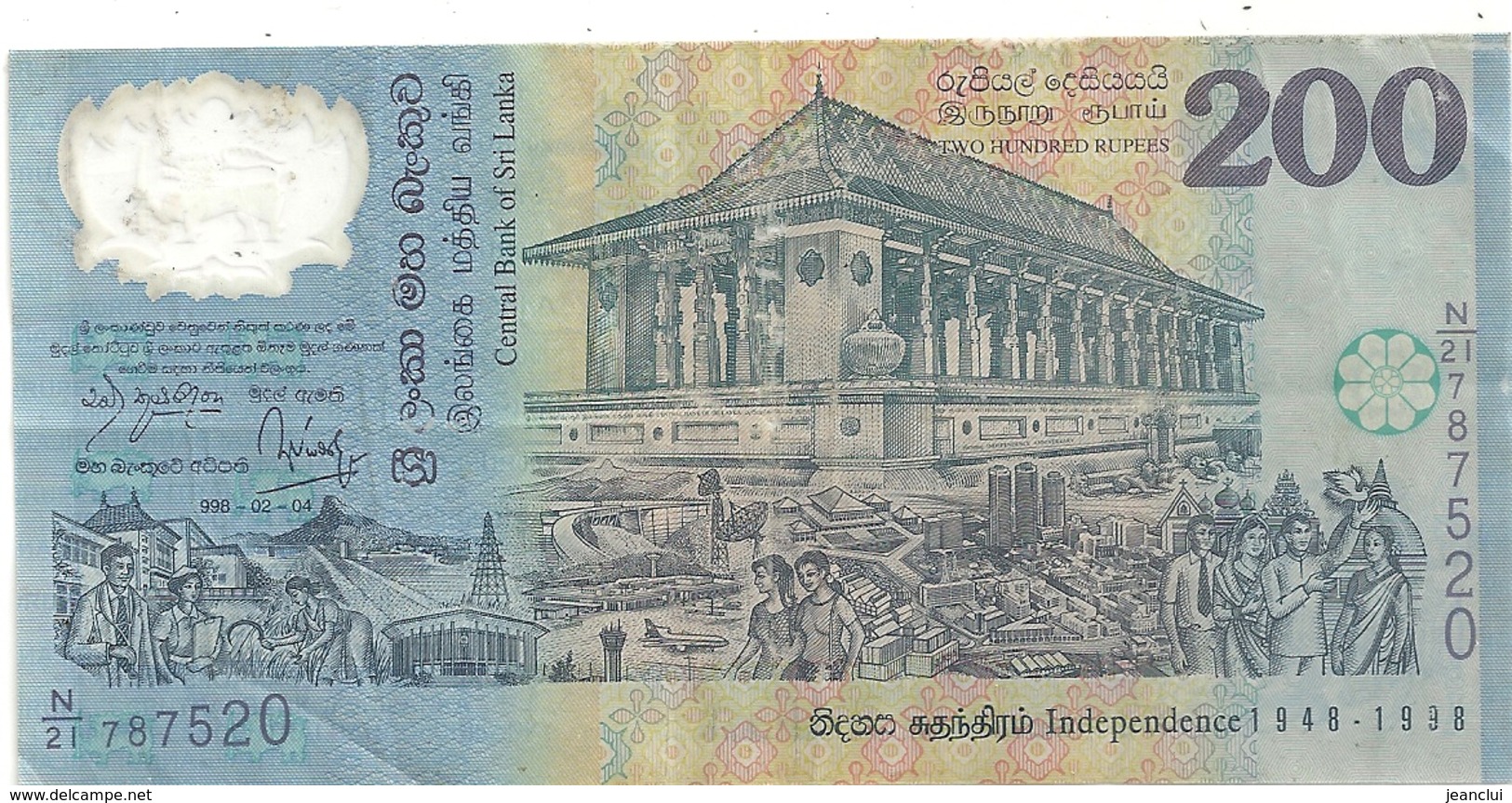 CENTRAL BANK OF SRI LANKA . 200 RUPPEES . CINQUANTENAIRE INDEPENDENCE 1948-1998  998-02-04  . N° N/21  787520. 2 SCANES - Sri Lanka