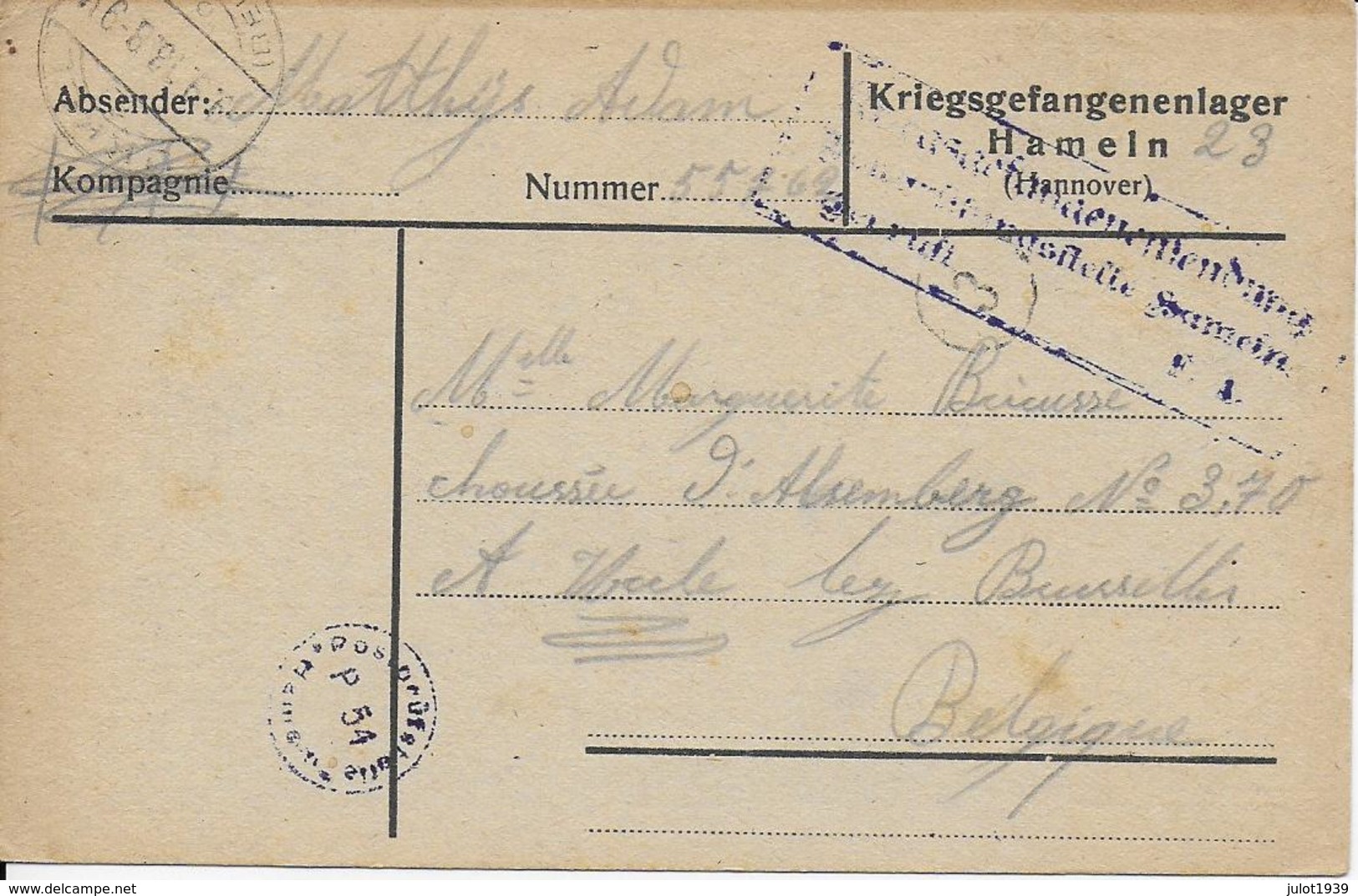 HAMELN ..-- 1918 Vers UCCLE ( Mr Mme BRICUSSE ) . Cachets Allemands . - Postales Privados - Nuevos