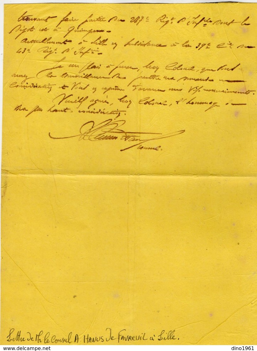 VP13.187 - 1914 - Lettre De Mr A. HANUS De FAVREUIL Consul De PANAMA à LILLE Pour Le Commandant Du 43è Rgt D'Inf.. - Documentos