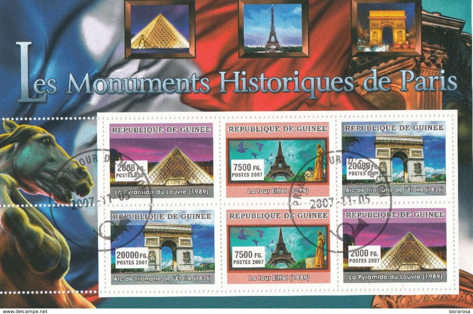 2999 Guinea 2007 Monumenti Di Parigi Eiffel Piramide Di Louvre Arco Di Trionfo Monuments Paris  Guinée - República De Guinea (1958-...)