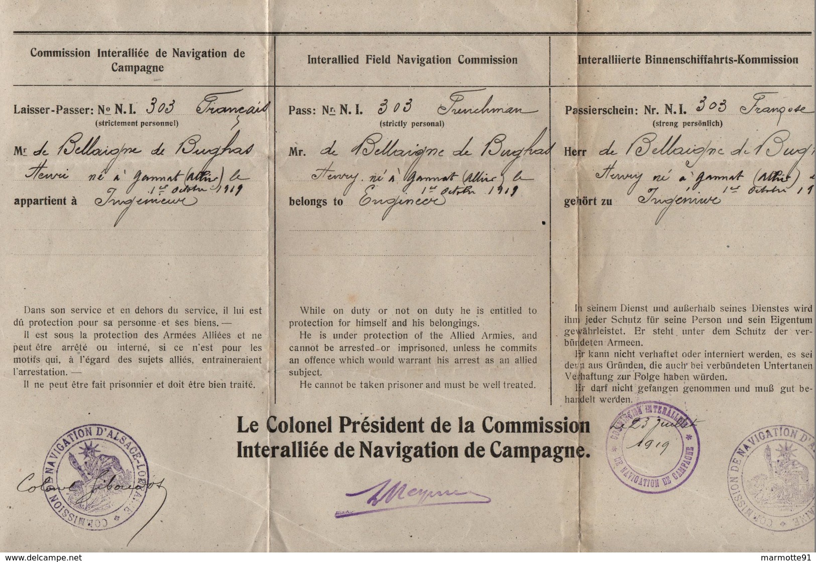 COMMISSION INTERALLIEE NAVIGATION DE CAMPAGNE LAISSEZ PASSER ALSACE LORRAINE 1919 - 1914-18