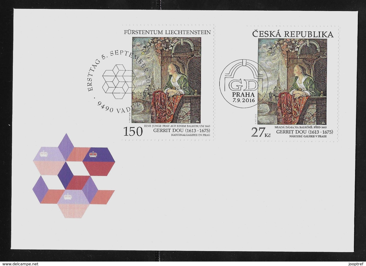 2016 Joint/Gemeinschaftsausgabe Liechtenstein Czech Republic, MIXED FDC BOTH STAMPS: Painter Gerrit Dou - Gezamelijke Uitgaven